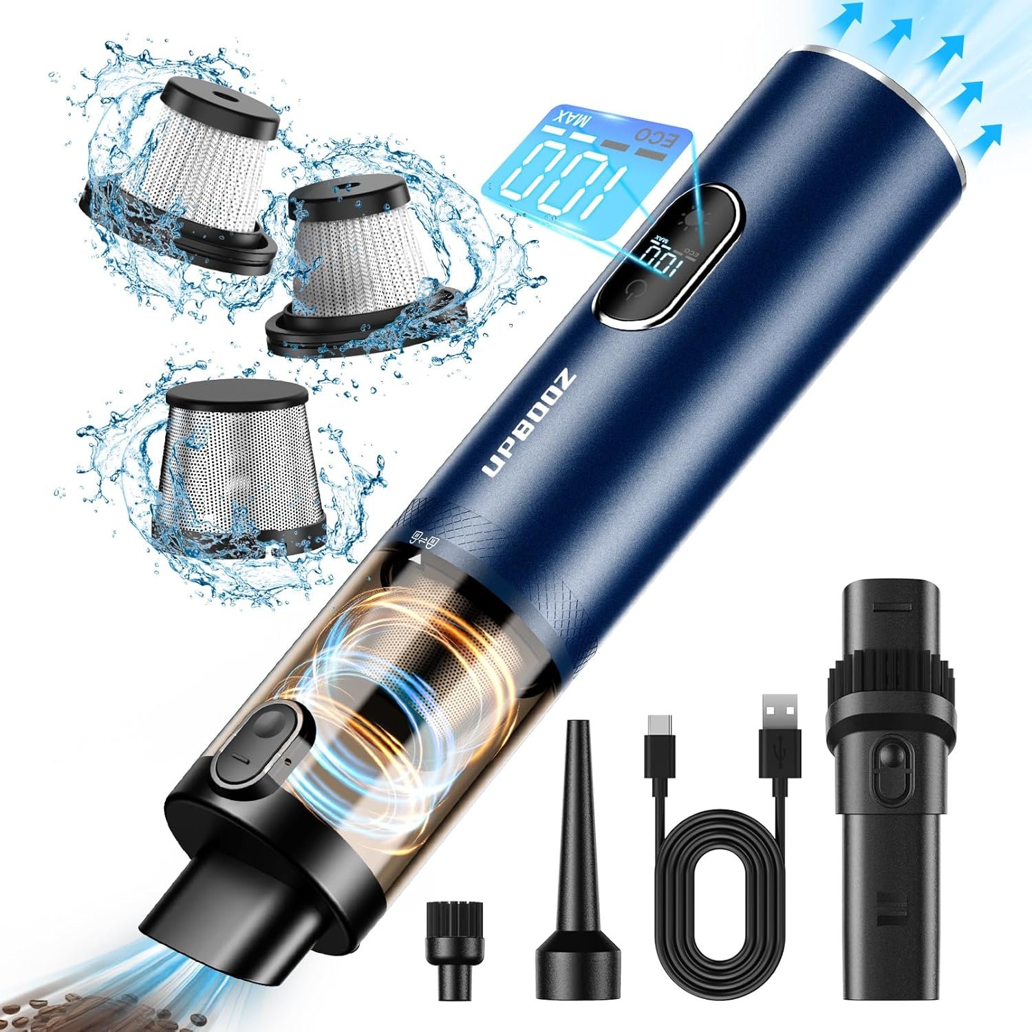 Handheld Vacuum Cordless, Car Vacuum with 14000PA Powerful Suction with LED Light, Air Duster 2-in-1,Low Noise Rechargeable Portable Mini Vacuum Cleaner for Car Home Pet Office,Two Gears Blue - Image 2