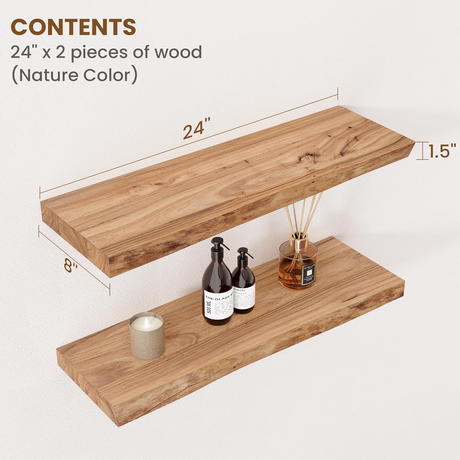 Floating Shelves for Wall Decor, Rustic Solid Elm Wood Live Edge Floating Shelves Wall Mounted, Wall Shelves with Invisible Bracket for Living Room Bathroom Bedroom Kitchen, 24 Inch Set of 2, Natural - Image 3