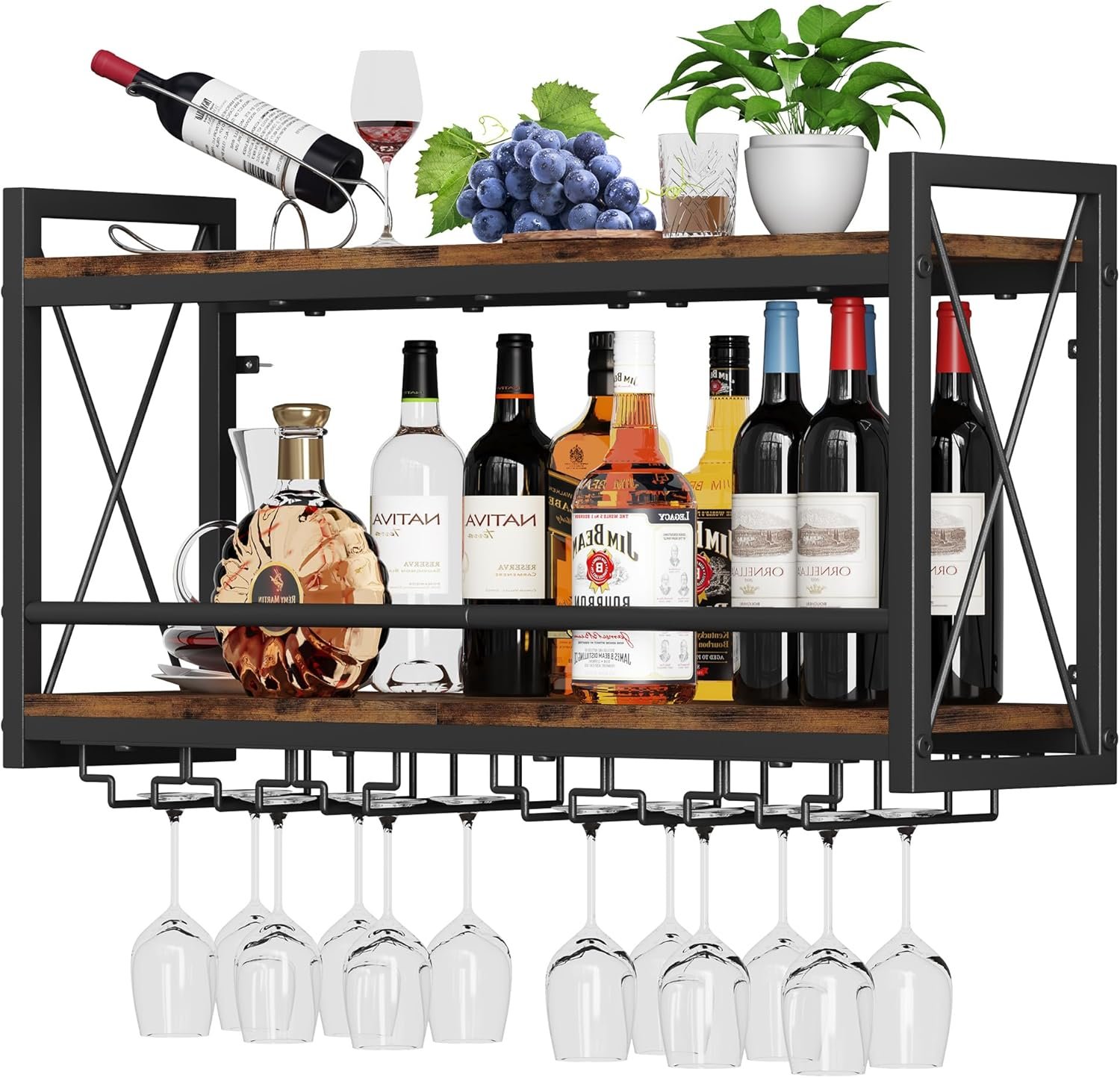 Homeiju Wall Mounted Wine Rack, Bottle & Glass Holder Wood-Metal Retro Wine Rack, Wine Bottles Display Wall Storage for Kitchen Dining Room Home Bar - Image 2