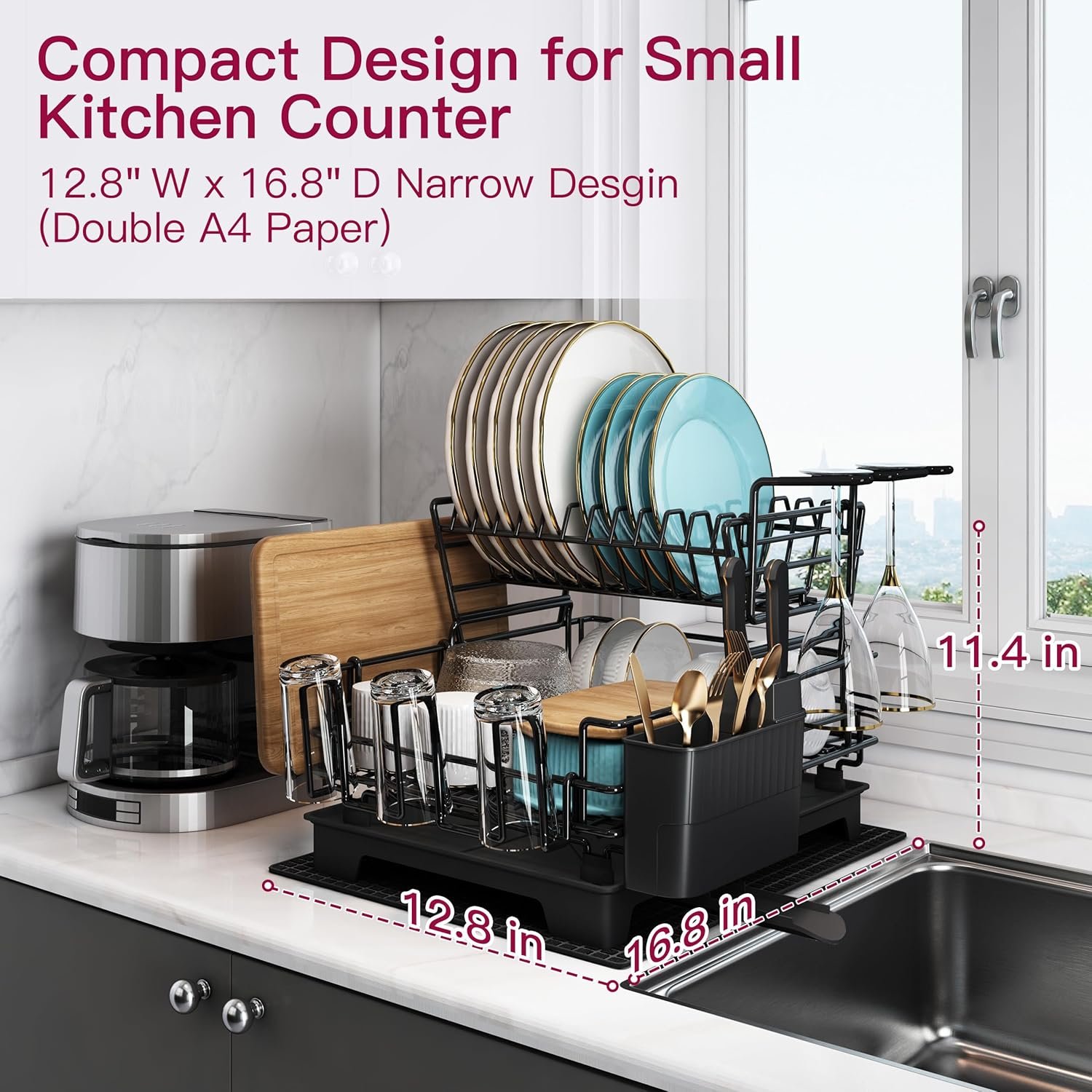 BOOSINY 2 Tier Black Large Stainless Steel Dish Drainers Drying Rack for Kitchen Counter with Drainboard, Rust Proof Metal, Space Saving, Modern Aesthetic, Compact Plates Strainers with Extra Mat - Image 3