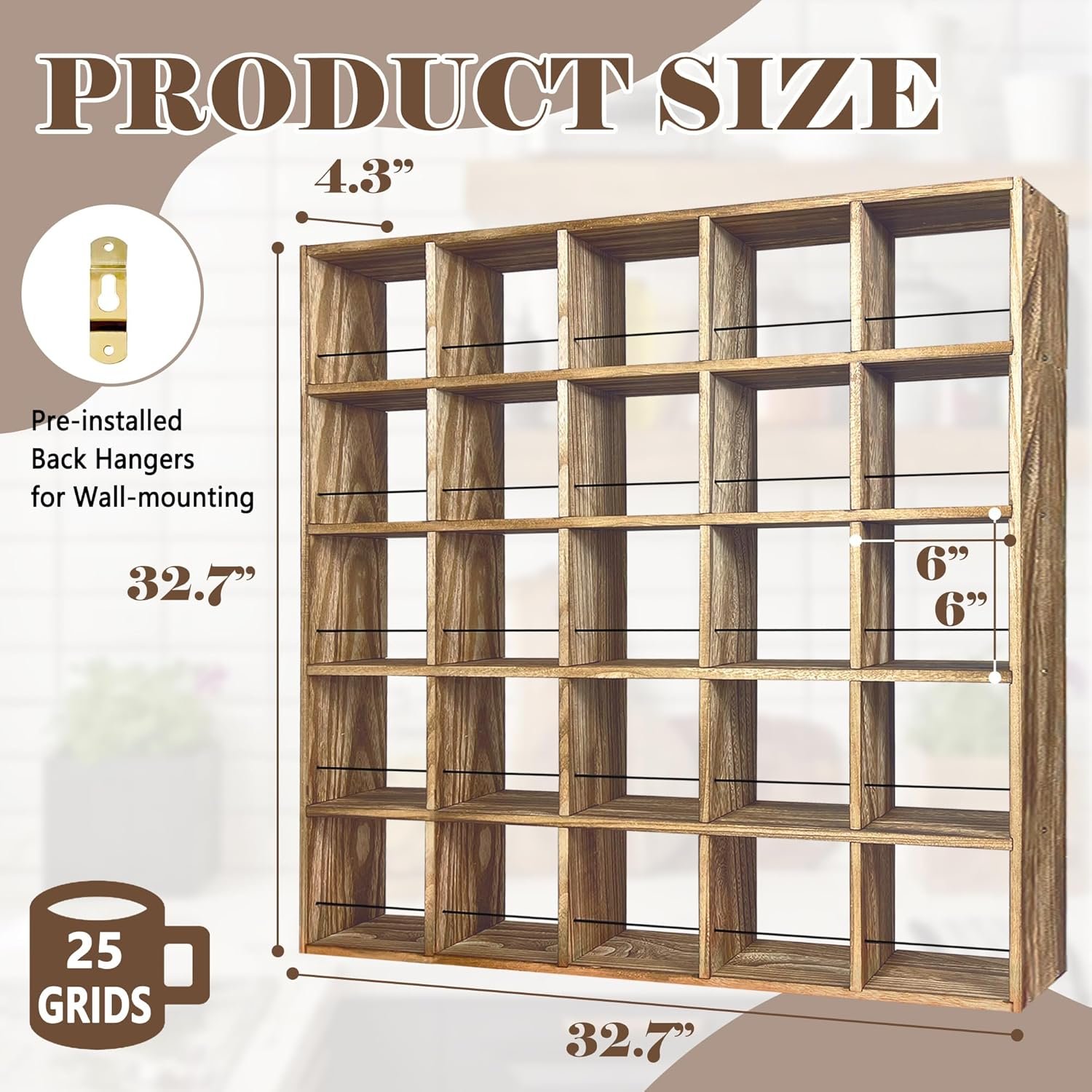 Montex Coffee Mug Holder, Mug Rack Wall Mounted, 3 Tier Coffee Mug Shelf, Rustic Coffee Mug Display Rack for Kitchen, Home, Coffee Bar(25 Grids) - Image 3