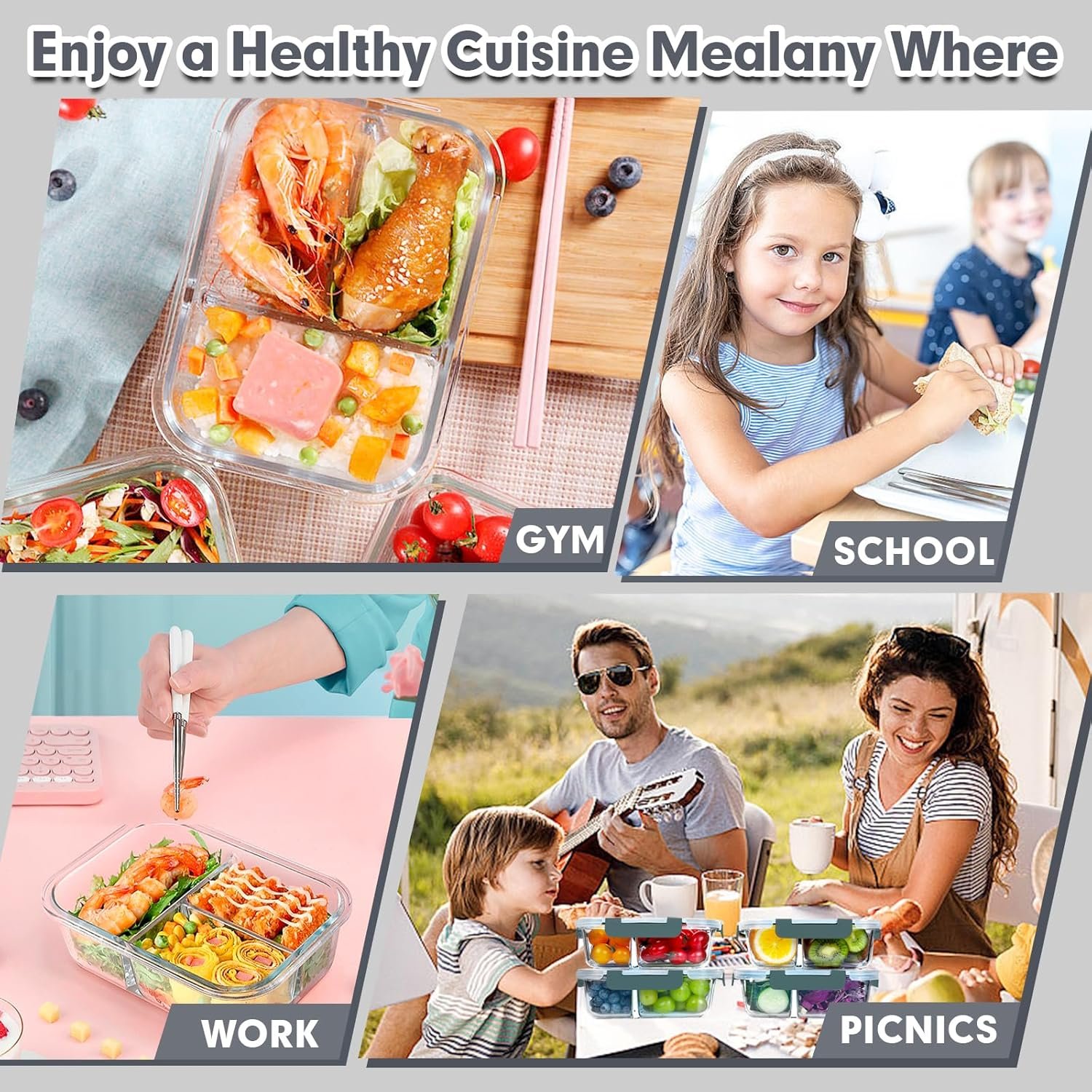 VERONES 5 Pack Glass Meal Prep Containers 3 Compartment Set, 36OZ Airtight Glass Lunch Containers, Glass Food Storage Containers with Lids, for Microwave, Oven, Freezer & Dishwasher Friendly,Grey - Image 7