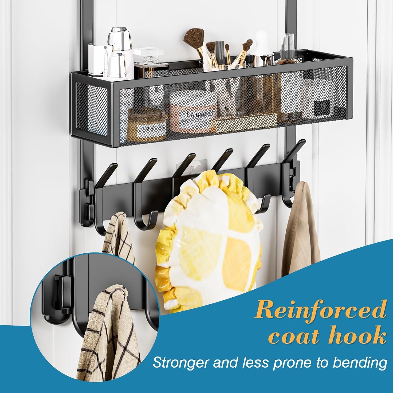 Over The Door Hooks Organizer, Over The Door Towel Rack with 12 Coat Hooks and 2 Mesh Basket, Bathroom Door Organizer Back of Door Hanger Organizer for Bedroom, Kitchen(Black) - Image 5
