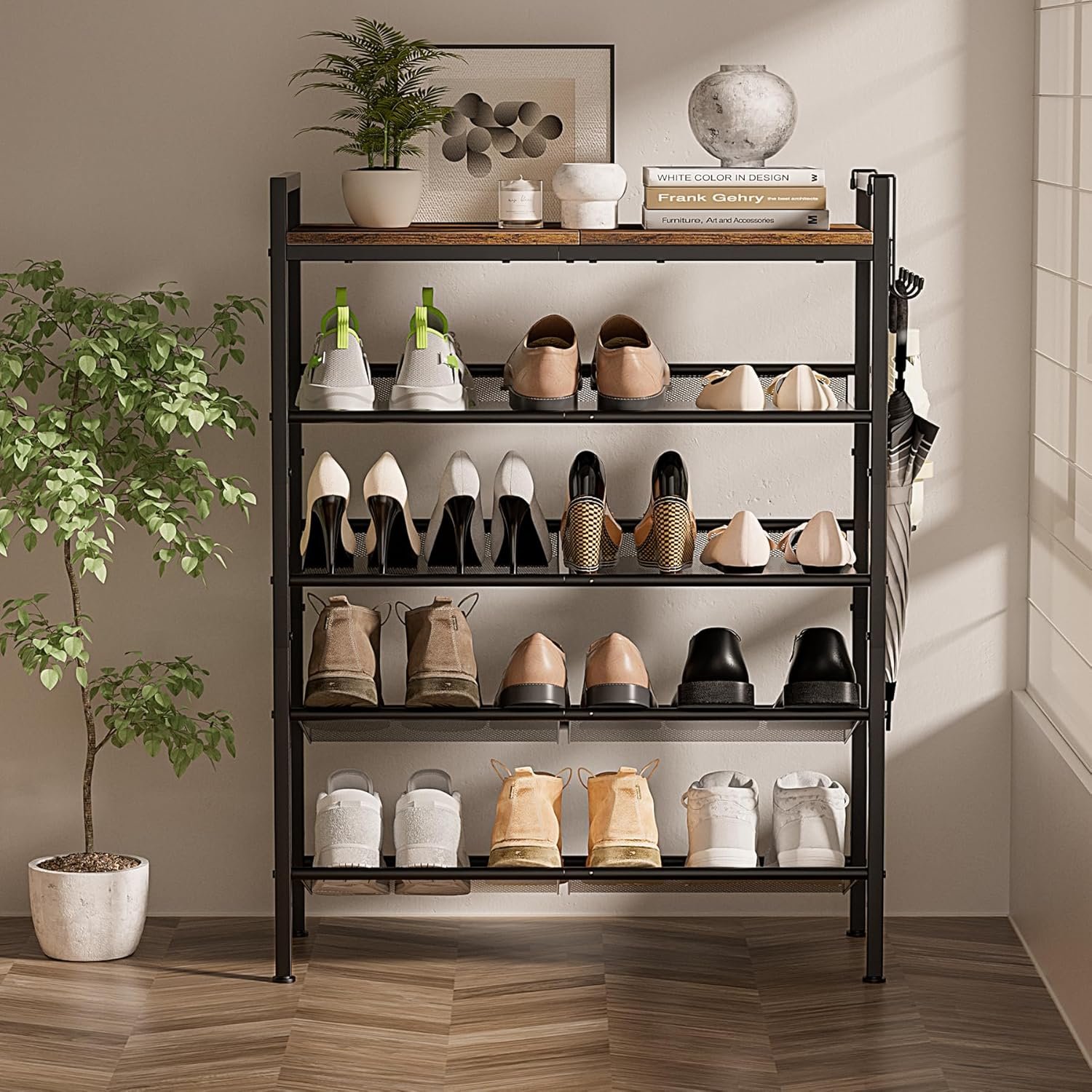 5 Tier Shoe Rack, Shoe Rack for Front Door Entrance with Hook, Shoe Organizer with Adjustable Mesh Shelves, Metal Shoes Rack for Entryway, Closet, Bedroom Living Room Garage - Image 9