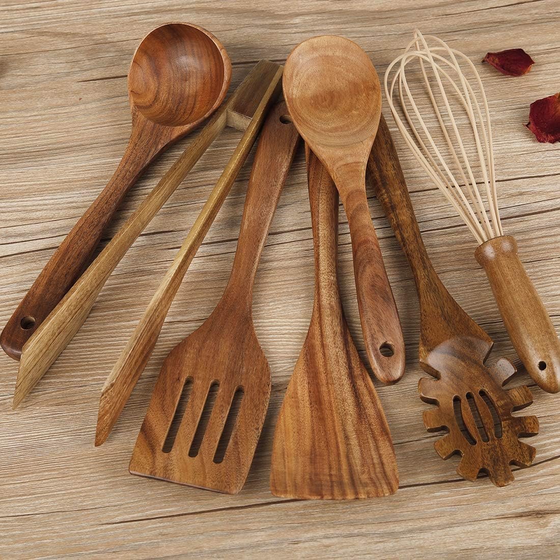 Wooden Utensil for Cooking, Wood Kitchen Utensils Cooking Set Teak Wood Spoons set for Cooking,Spatulas Non-Stick for Cookware Kitchen Spoon (7) - Image 3