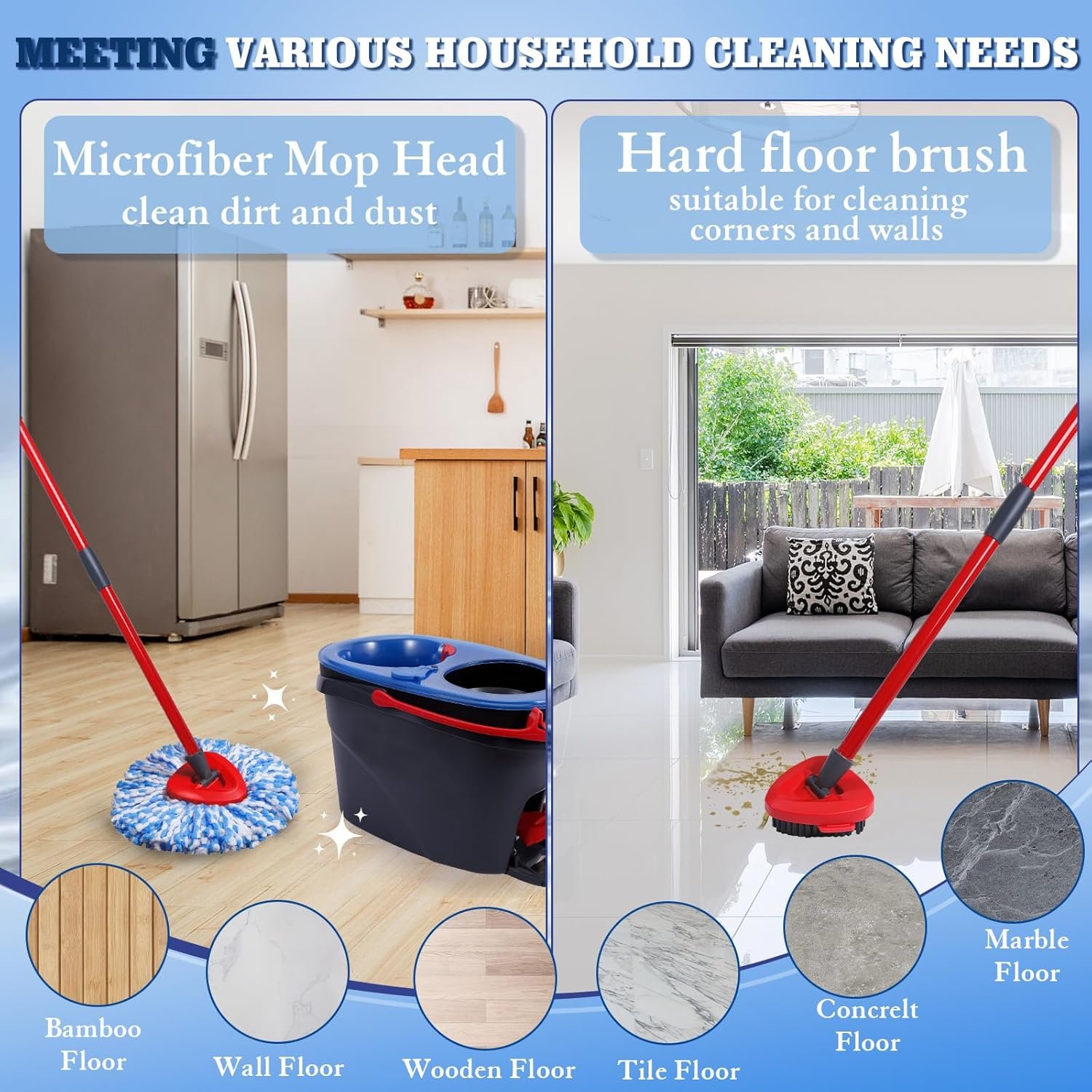 4 Packs Spin Mop Replacement Heads Compatible with Oceda RinseClean 2-Tank System, 4-Section Rotatable 30-58" Mop Handle,Mop Scrub Brush and Base Combo Set,Mop Refills Easy to Replace and Cleaning - Image 5