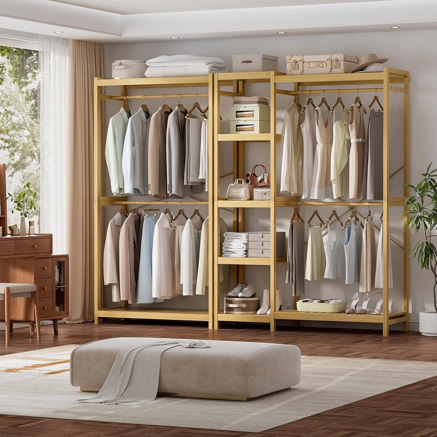 Homykic Bamboo Clothes Rack with Shelves and Double Hang Rods, Portable Closet System Garment Rack for Hanging Clothes, Tall Clothing Rack Corner Closet Organizer, Easy to Built, Natural - Image 9