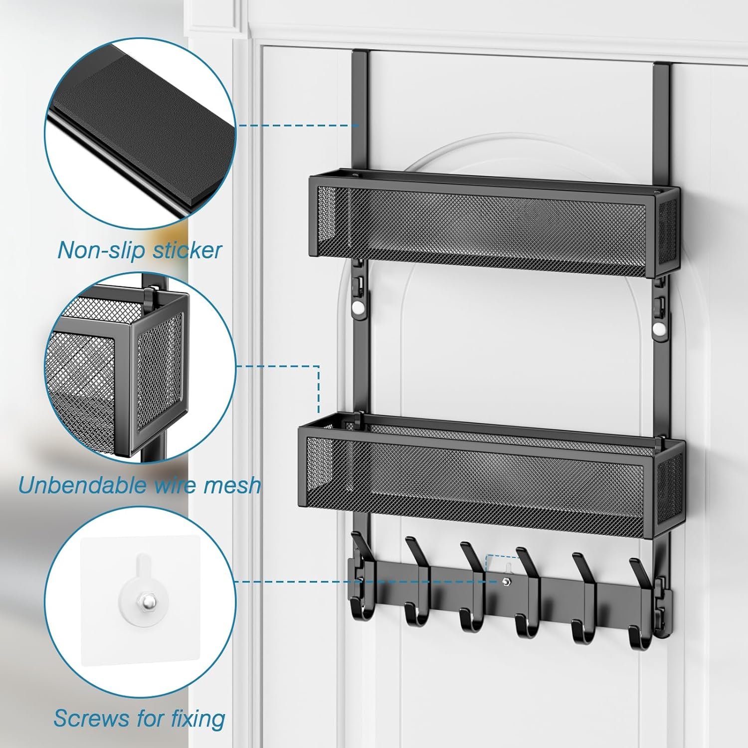 Over The Door Hooks Organizer, Over The Door Towel Rack with 12 Coat Hooks and 2 Mesh Basket, Bathroom Door Organizer Back of Door Hanger Organizer for Bedroom, Kitchen(Black) - Image 3