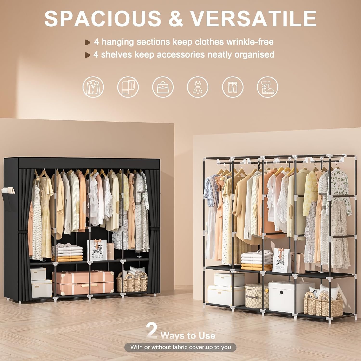 Wardrobe Closet, 66 Inch Portable Closet for Hanging Clothes, Large Capacity Clothes Rack Organizer with Cover & 4 Hanging Rods & 8 Storage Shelves & 2 Side Pockets (Black) - Image 5