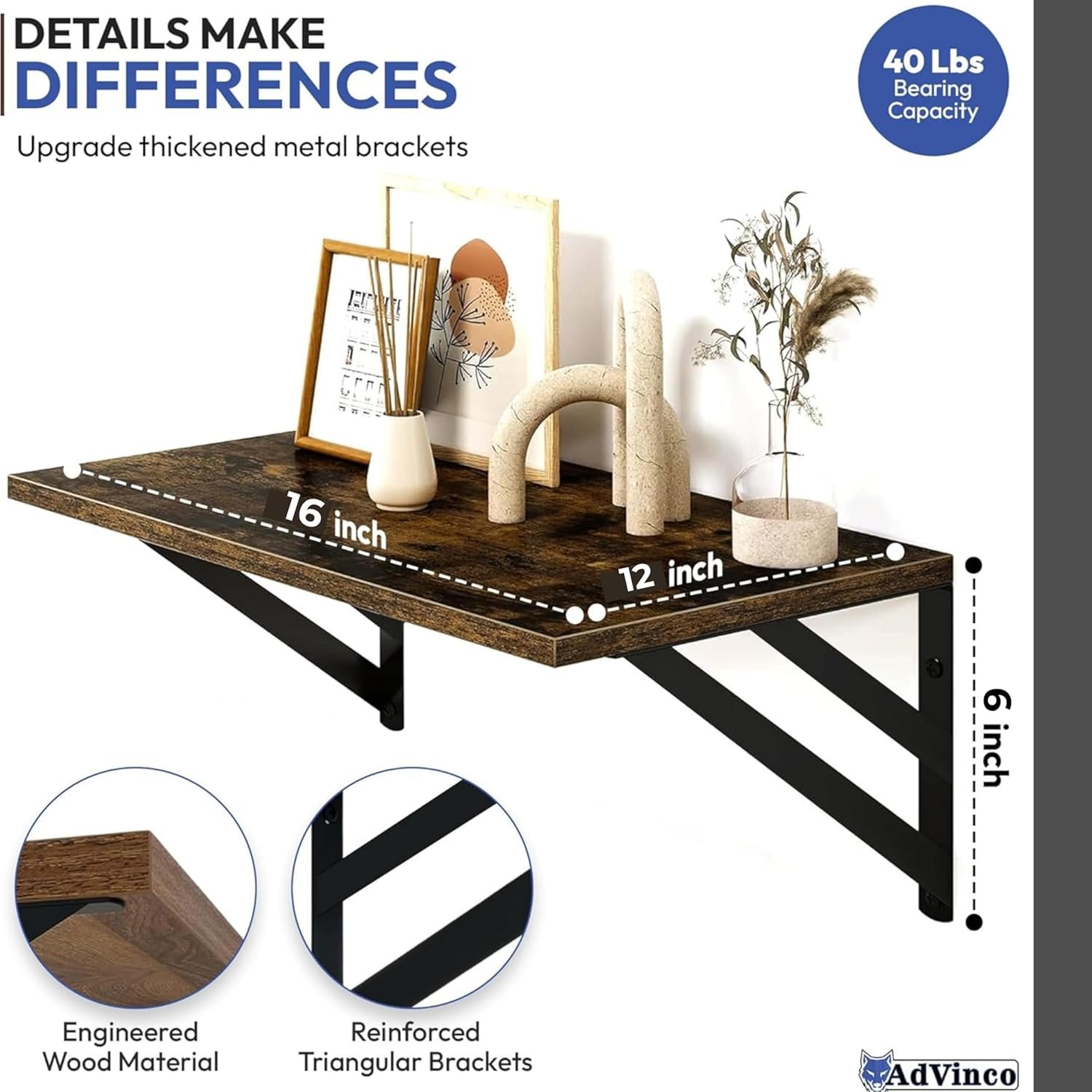 Rustic Brown Floating Shelves Set of 2 with Corner Shelf – Wood Wall Mounted Shelves for Kitchen, Bathroom, Living Room & Office Decor – Heavy Duty Storage Display, Easy Installation Included - Image 3