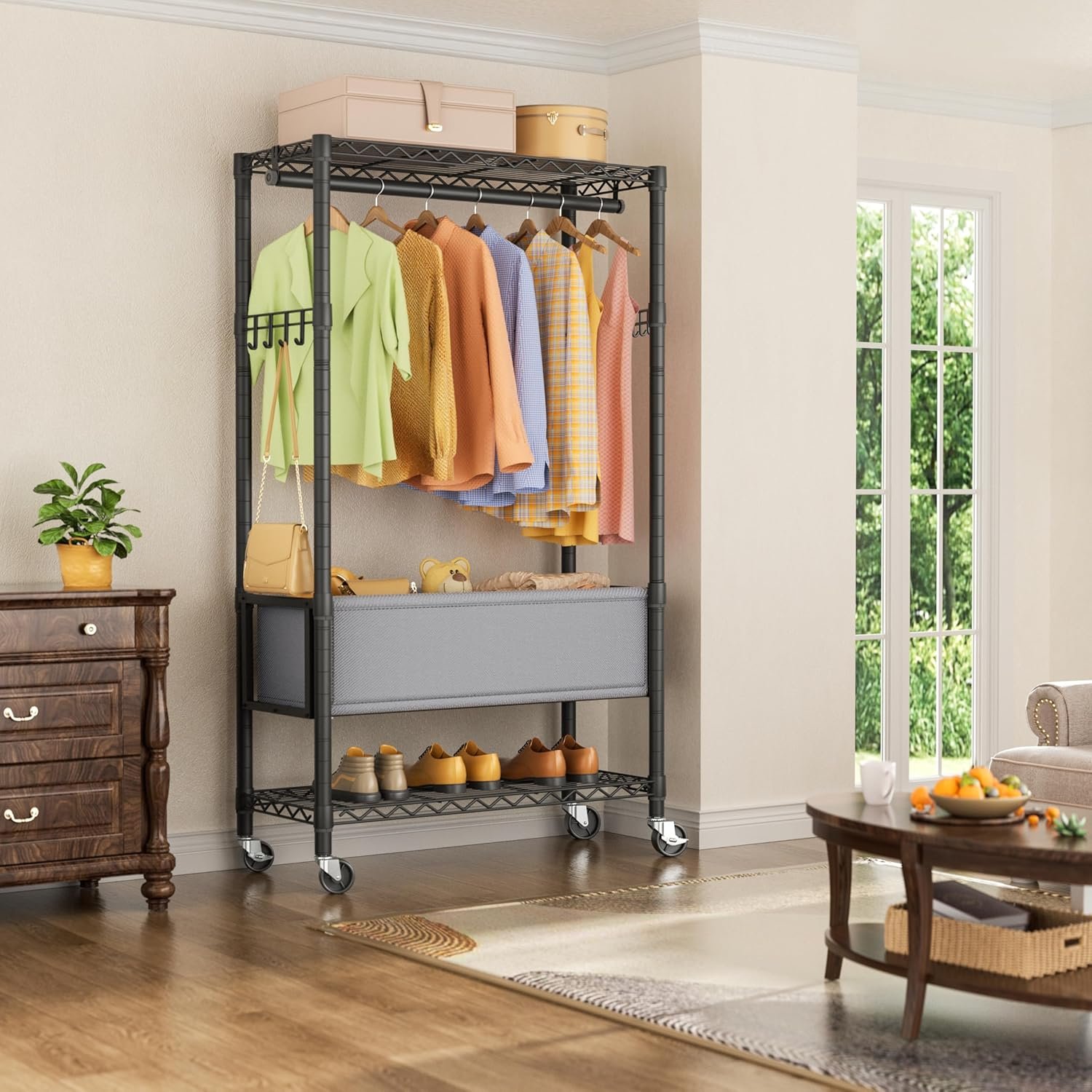 Clothes Rack,Heavy Duty Garment Rack 3 Tier Adjustable With Removable Clothe Basket,Wheels Free Standing Rolling Wire Shelving Clothing Racks for Hanging Clothes Metal Portable Closet - Image 9