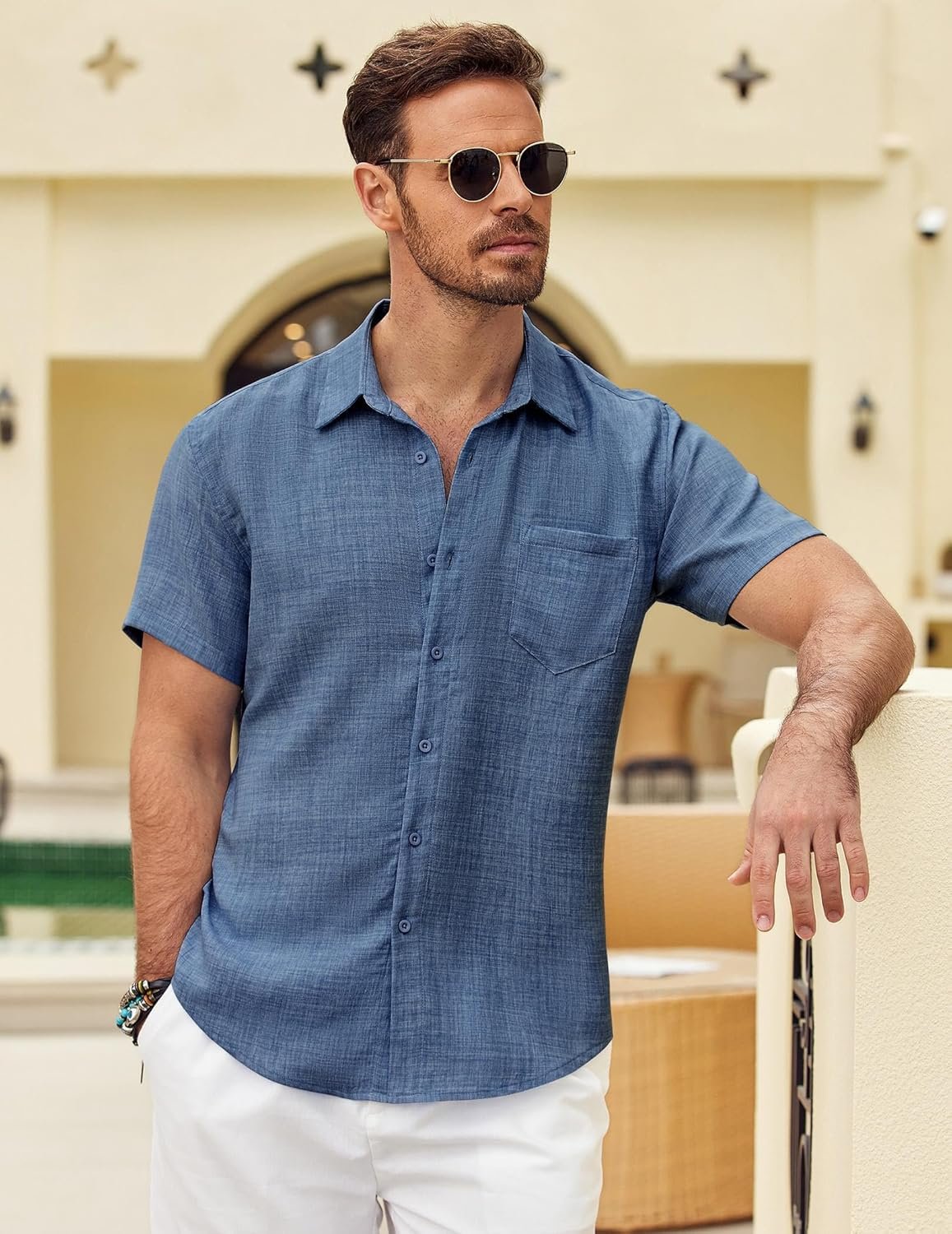 COOFANDY Mens Button Down Short Sleeve Shirt Casual Shirts Summer Beach Textured Shirts with Pocket - Image 3