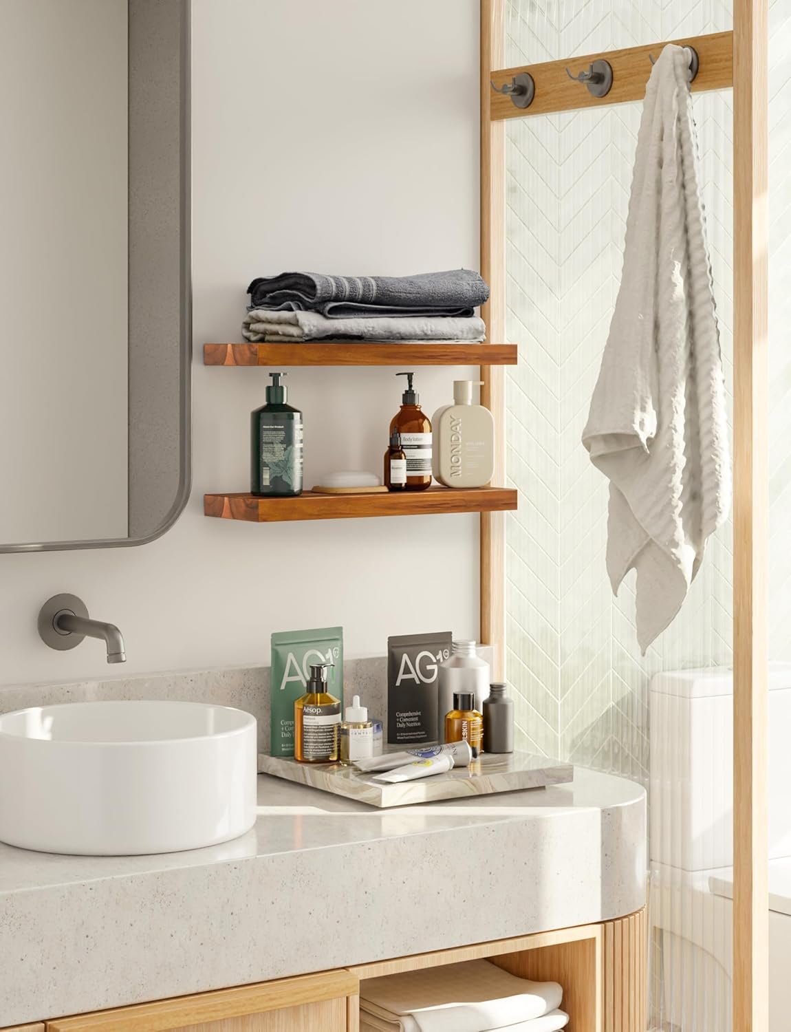 BATODA Set of 2 17" Acacia Wood Floating Shelves Wall Mounted – Rustic Farmhouse Wooden Wall Storage Shelf for Bedroom, Kitchen, Home Décor - Brackets and Shelving Mounting Hardware Included - Image 3