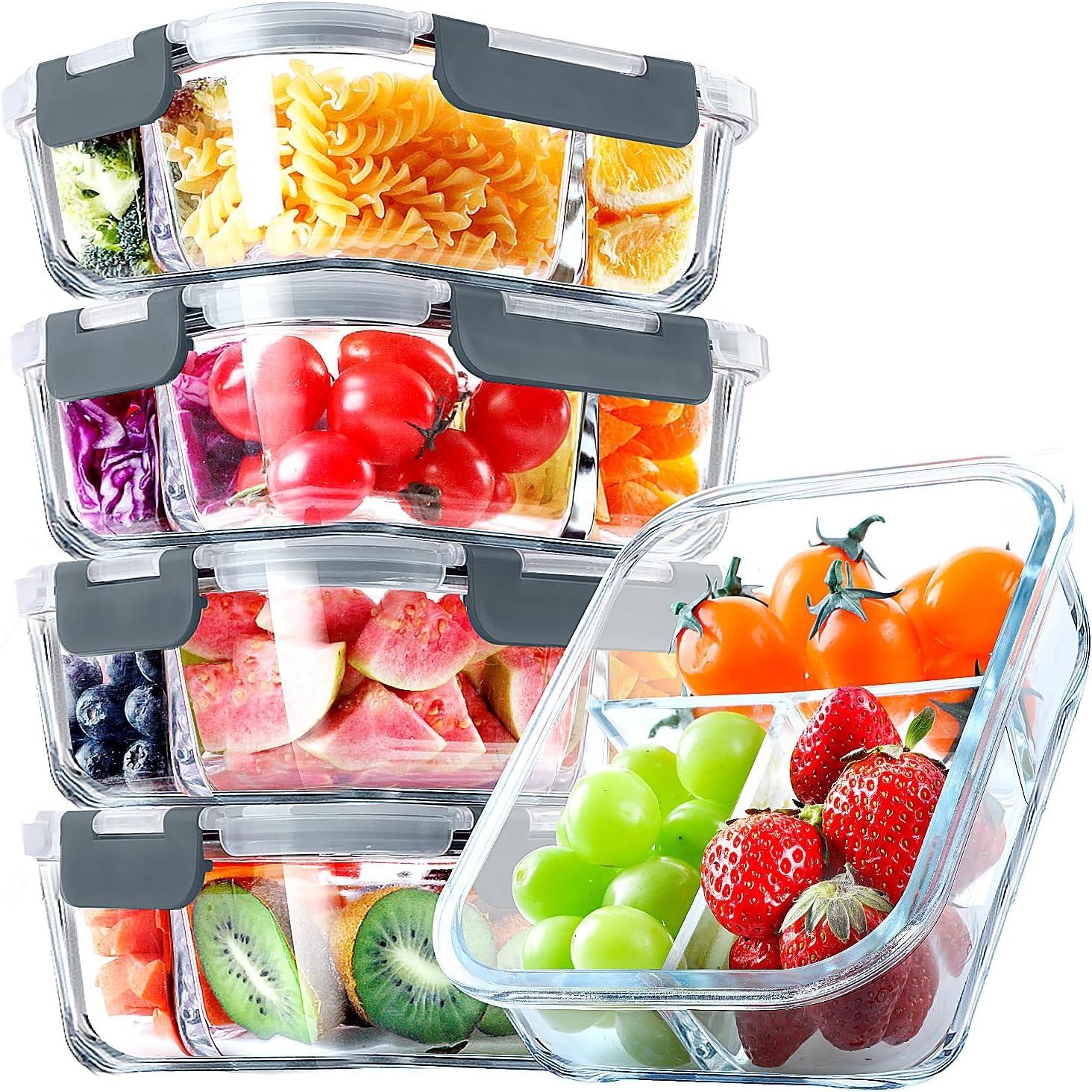 VERONES 5 Pack Glass Meal Prep Containers 3 Compartment Set, 36OZ Airtight Glass Lunch Containers, Glass Food Storage Containers with Lids, for Microwave, Oven, Freezer & Dishwasher Friendly,Grey - Image 2