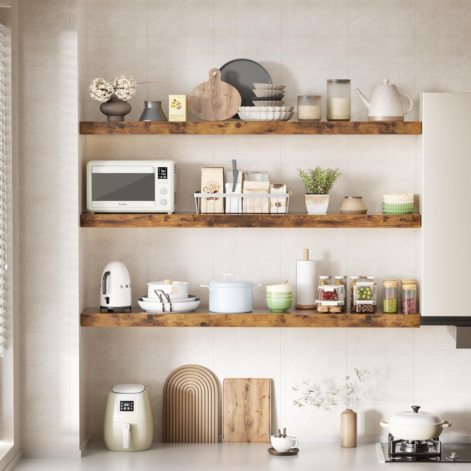 Colima Bathroom Floating Shelves for Wall, 36" Floating Wall Mounted Shelf, Rustic Wood Storage Display Shelves for Home Organization, Bathroom, Kitchen, Living Room (Set of 3, Rustic Brown) - Image 7