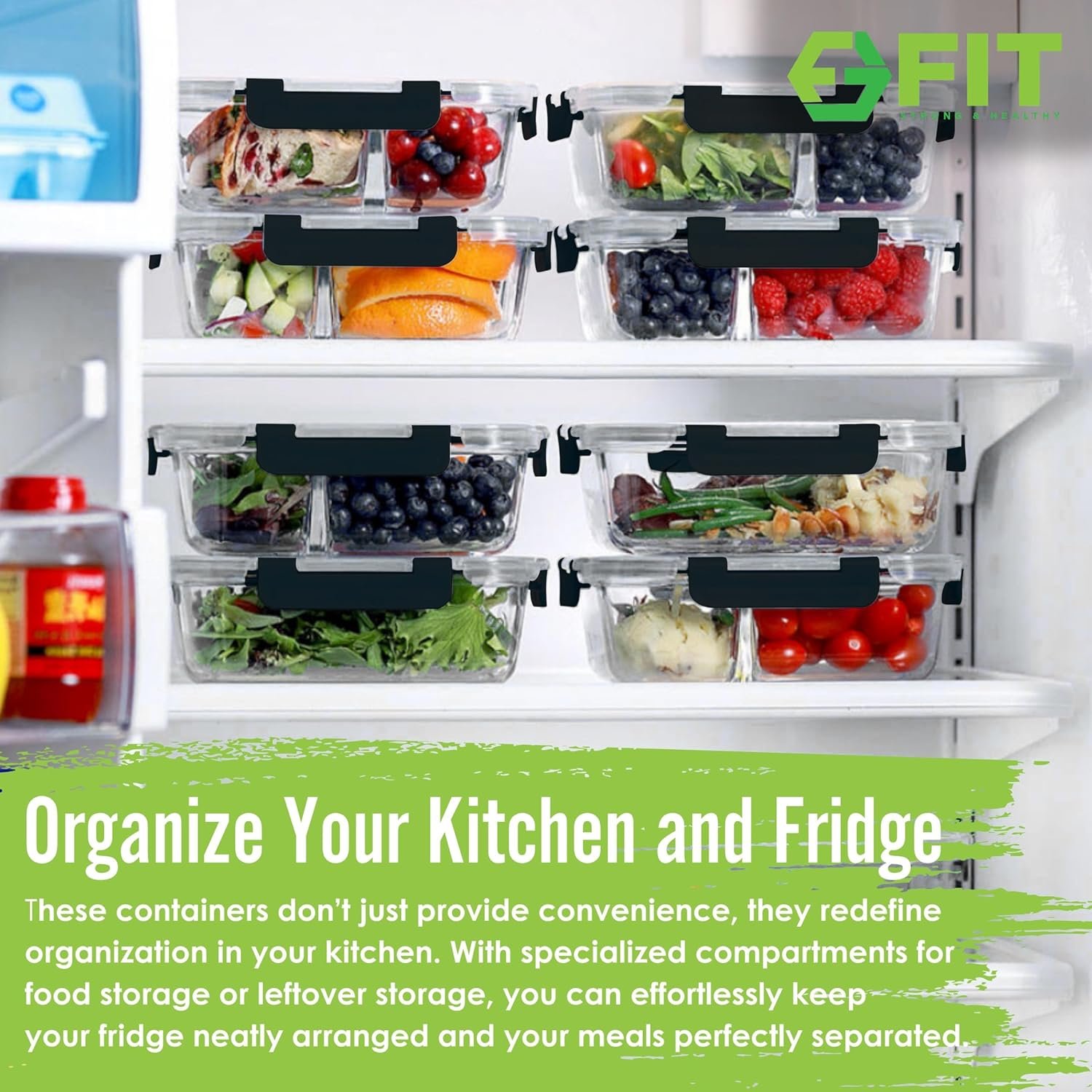 FIT Strong & Healthy Glass Meal Prep Containers, 2 & 3 Compartments – 32 oz Glass Containers with Lids, Food Storage with Black Lids, Oven & Freezer Safe, Leak-Proof Bento Box Adult, 4 Pack - Image 4