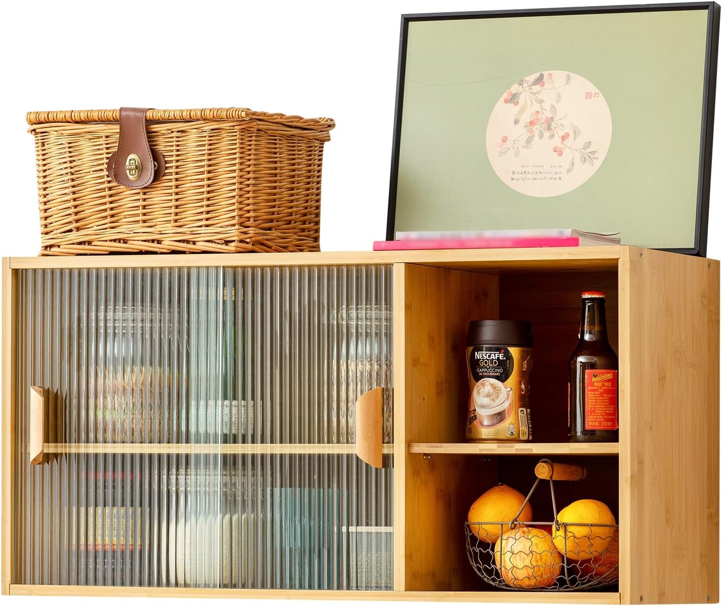 HollyHOME Bamboo Wall Mounted Kitchen Pantry Sideboard with 2 Doors and Adjustable Shelves, Freestanding Wall Storage Cabinet with Shelf for Bottle, Dish, Bowl, Console Dining Cupboard, Burlywood - Image 10