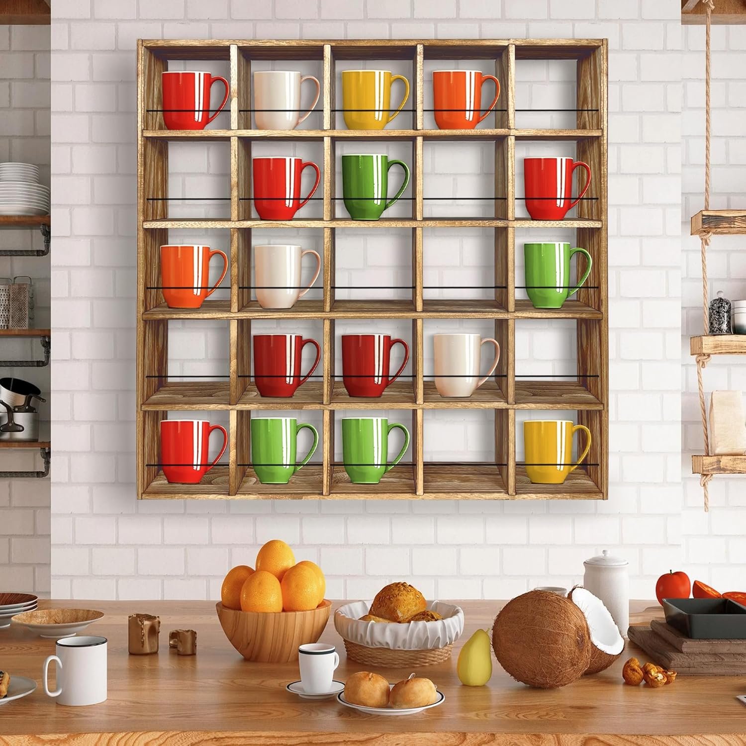 Montex Coffee Mug Holder, Mug Rack Wall Mounted, 3 Tier Coffee Mug Shelf, Rustic Coffee Mug Display Rack for Kitchen, Home, Coffee Bar(25 Grids) - Image 5