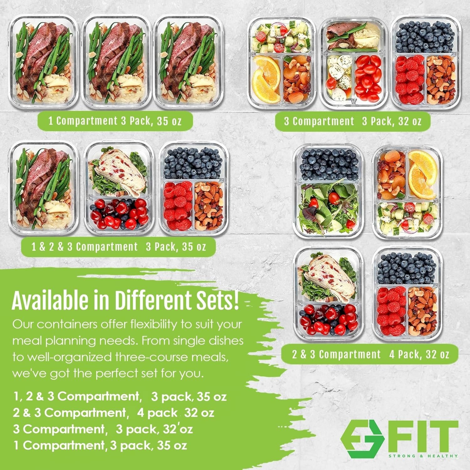 FIT Strong & Healthy Glass Meal Prep Containers, 2 & 3 Compartments – 32 oz Glass Containers with Lids, Food Storage with Black Lids, Oven & Freezer Safe, Leak-Proof Bento Box Adult, 4 Pack - Image 8