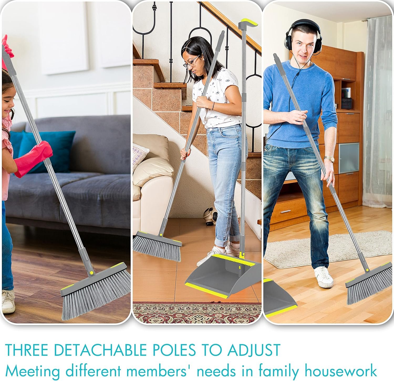 PHYEX 2-Pack Broom and Dustpan Combo Set, 48" Long Adjustable Handle Stand Up Dustpan with Self-Cleaning Teeth, Ideal for Home, Office, Kitchen, Indoor & Outdoor Use, Grey - Image 4