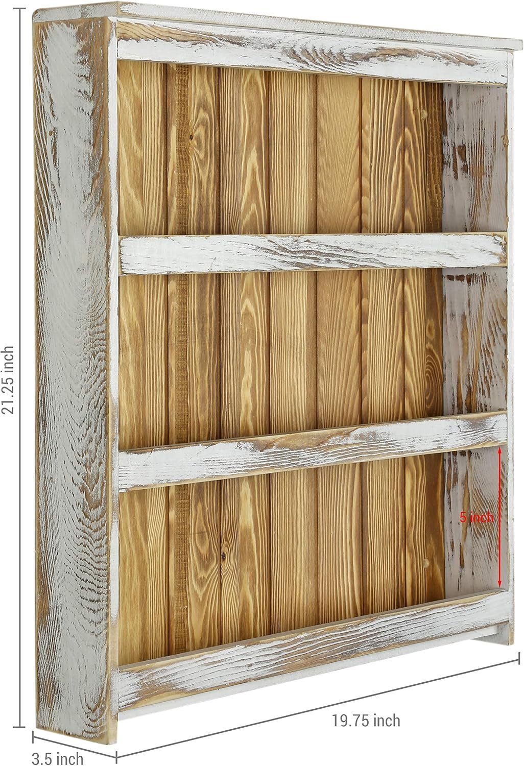 MyGift 3 Tier Wall Mounted Spice Rack, Shabby White Washed and Rustic Natural Burnt Solid Wood Kitchen Pantry Storage Shelf for Seasoning Jars or Condiment Bottles - Image 4