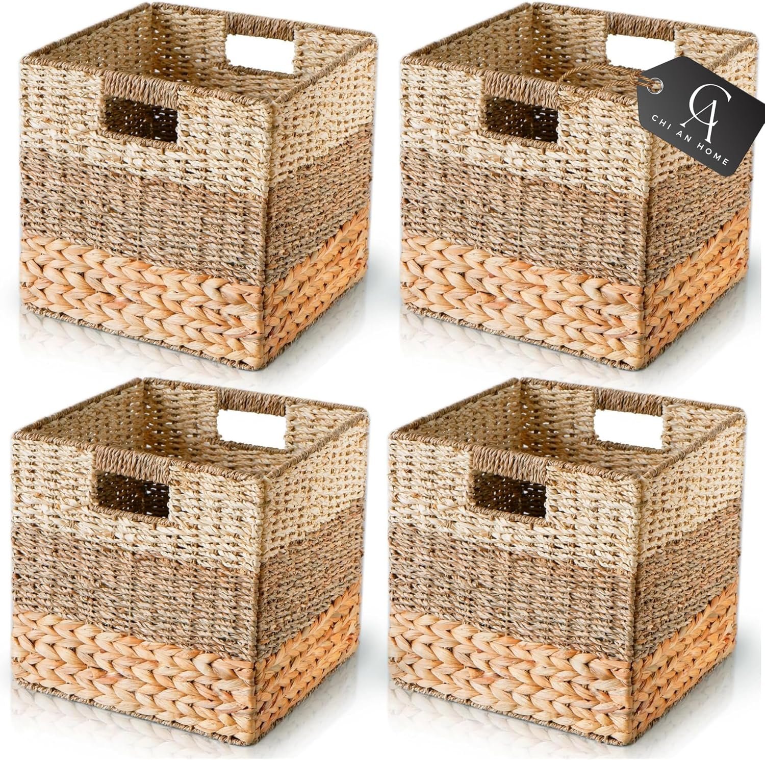 11 Inch Cube Storage Bins, Wicker Storage Baskets for Cube Shelf, Natural Foldable Square Baskets for Storage, Large Woven Storage Bin with Handle, Baskets for Pantry, Living Room Set of 4 - Image 2