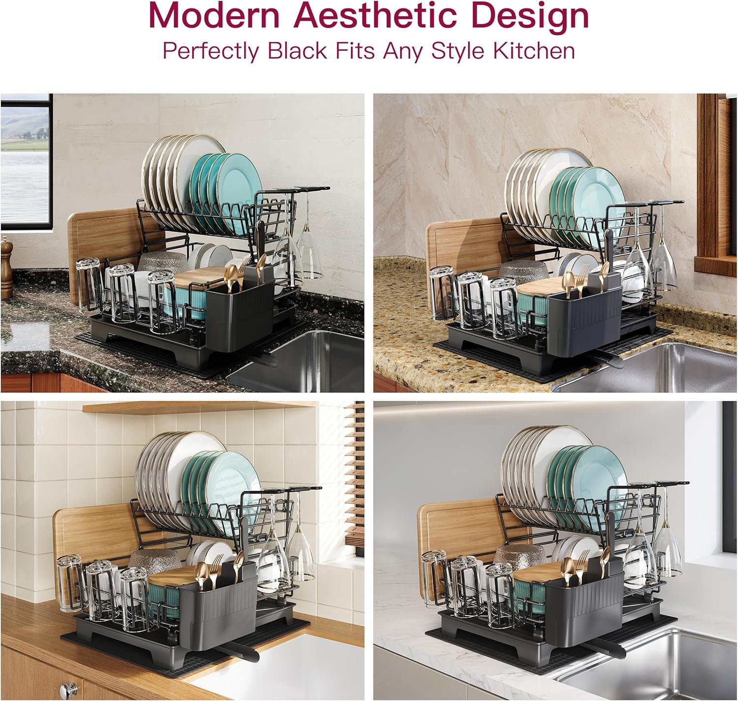 BOOSINY 2 Tier Black Large Stainless Steel Dish Drainers Drying Rack for Kitchen Counter with Drainboard, Rust Proof Metal, Space Saving, Modern Aesthetic, Compact Plates Strainers with Extra Mat - Image 8