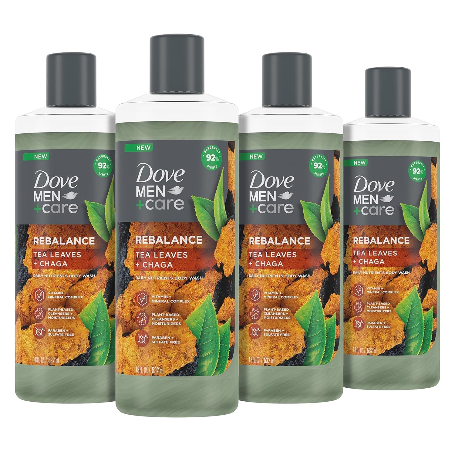 DOVE MEN + CARE Rebalance Body Wash Tea Leaves and Chaga 4 Count With Vitamin and Mineral Complex Moisturizing Body Wash with Plant Based Ingredients 18 oz - Image 2