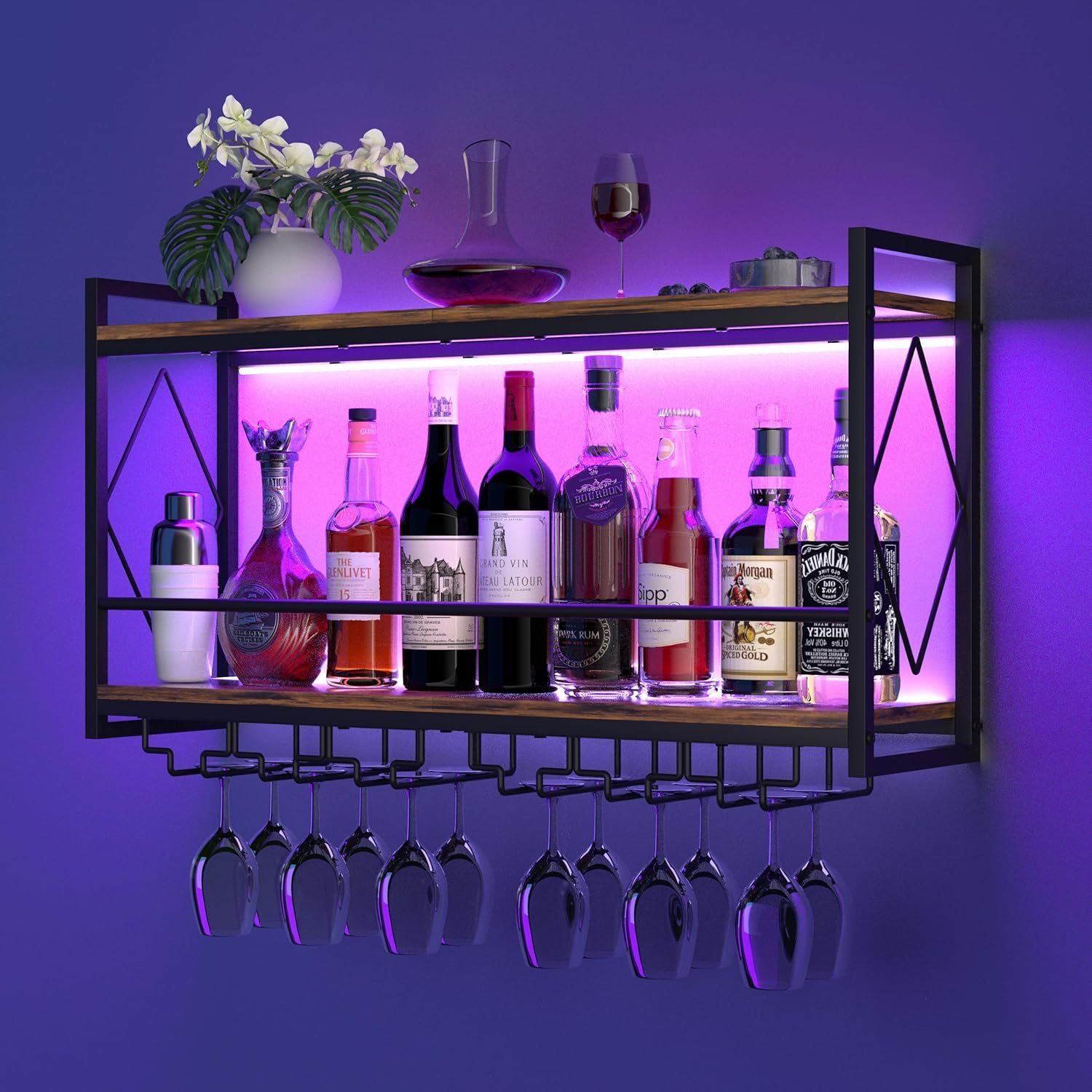 Nidouillet Wall Mounted Wine Rack with LED Light, 31.5" Bar Liquor Shelves with Glass Holder, Metal Hanging Bar Shelves Wine Storage Rack Display for Kitchen Home Bar Dining Room Living Room - Image 3