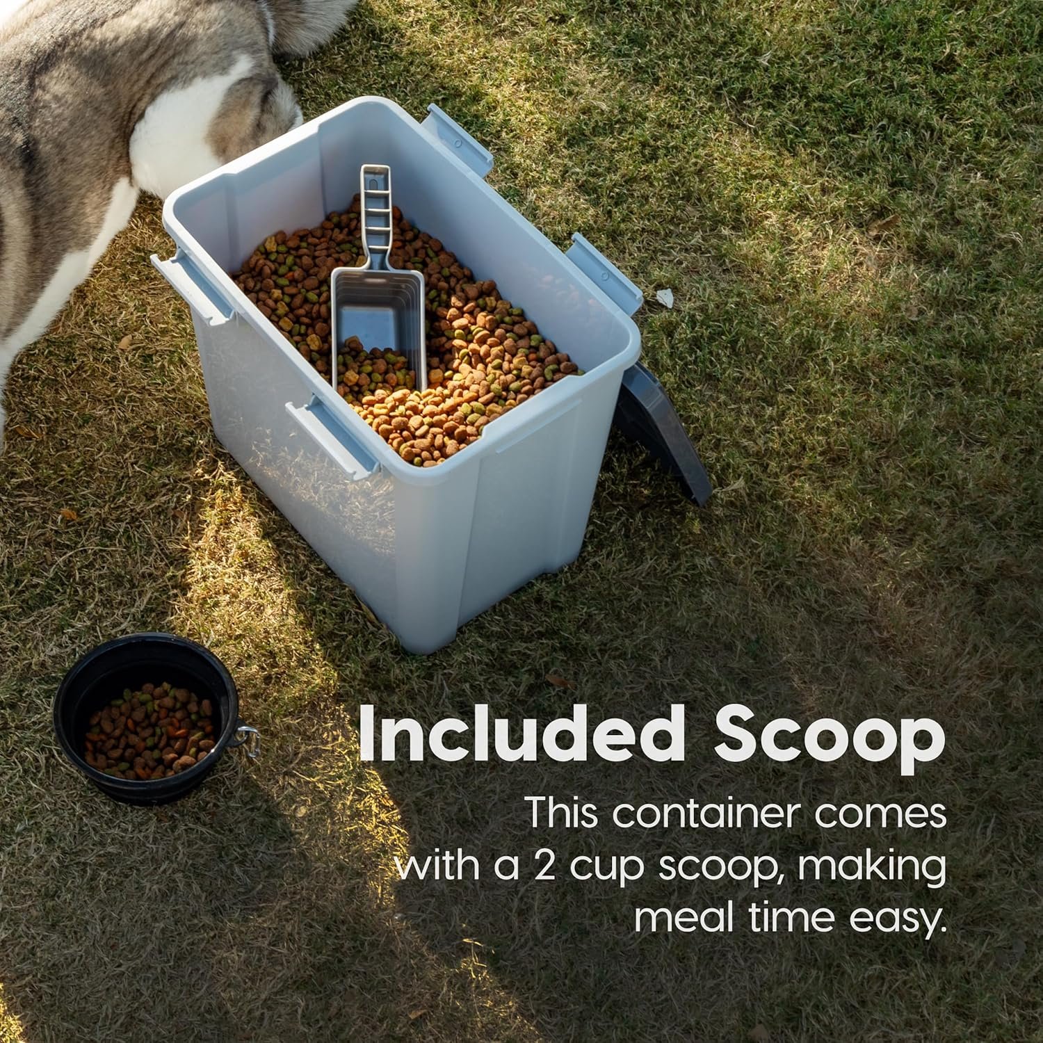 IRIS USA Stackable Dog Food Storage Container with 2 Cup Scoop, 4 Secure Latches, Fits up to 30 lbs, Pet Dry Food Bin, Gasket Seal Lid, BPA Free, Stackable, Easy Measure, Gray/Dark Gray - Image 7