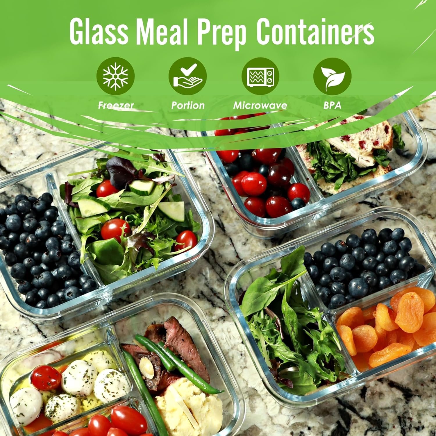 FIT Strong & Healthy Glass Meal Prep Containers, 2 & 3 Compartments – 32 oz Glass Containers with Lids, Food Storage with Black Lids, Oven & Freezer Safe, Leak-Proof Bento Box Adult, 4 Pack - Image 3