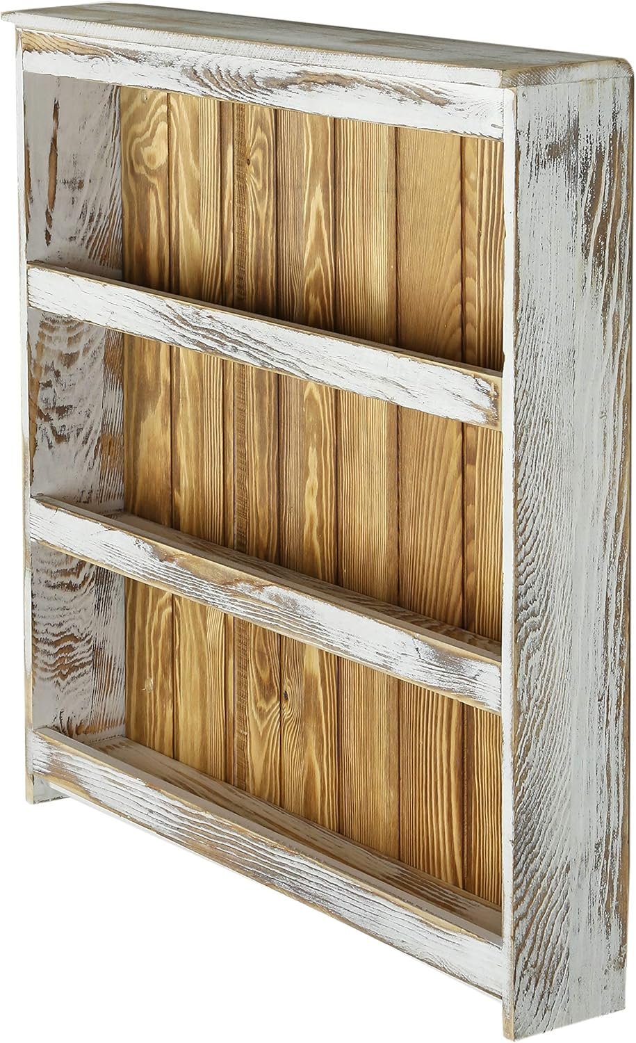 MyGift 3 Tier Wall Mounted Spice Rack, Shabby White Washed and Rustic Natural Burnt Solid Wood Kitchen Pantry Storage Shelf for Seasoning Jars or Condiment Bottles - Image 6