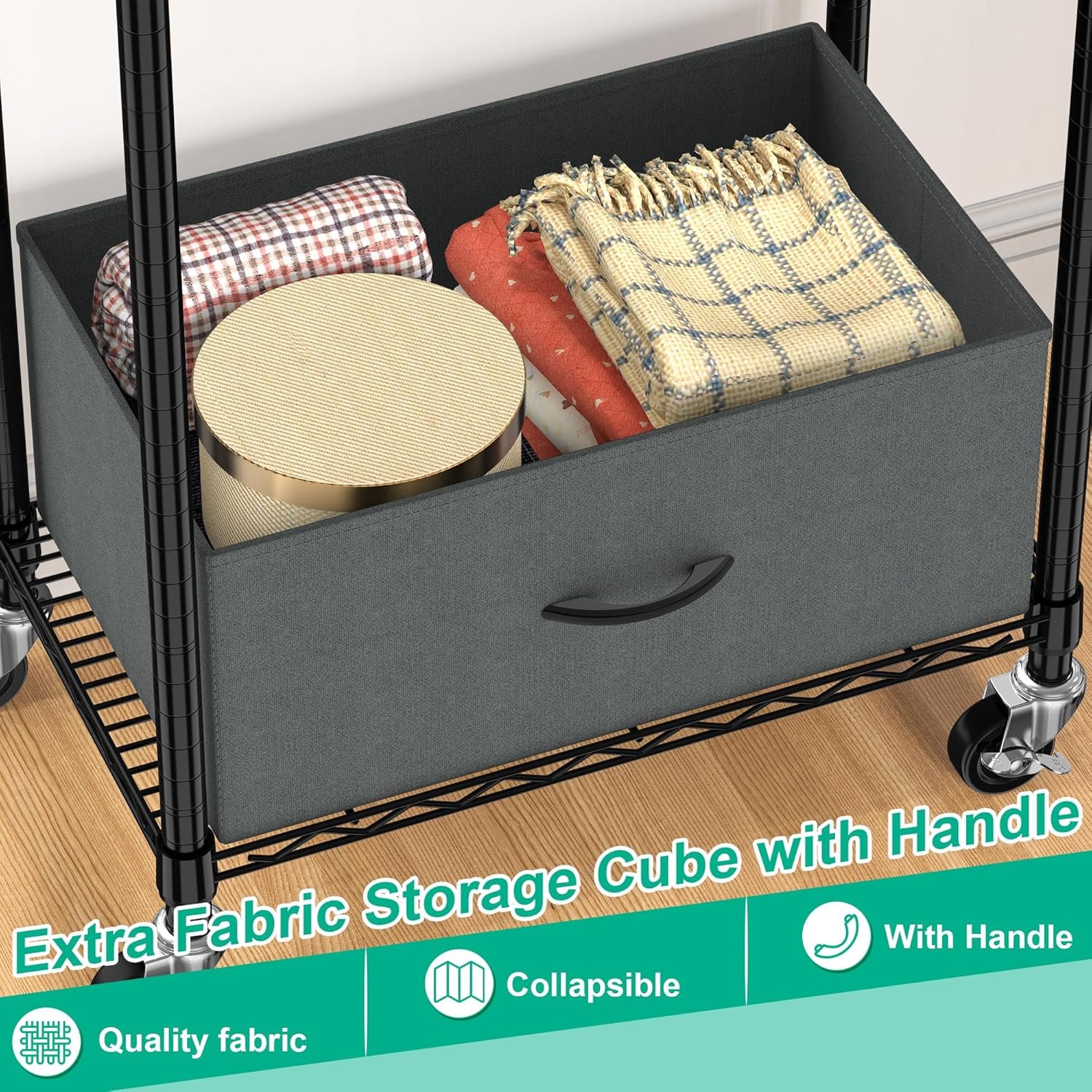 Rolling Clothes Rack, 3 Tier Garment Rack for Hanging Clothes, Metal Wire Wardrobe with Drawer Rods Portable Closet Organizer Freestanding Clothing Shelf with Wheels, Black - Image 6