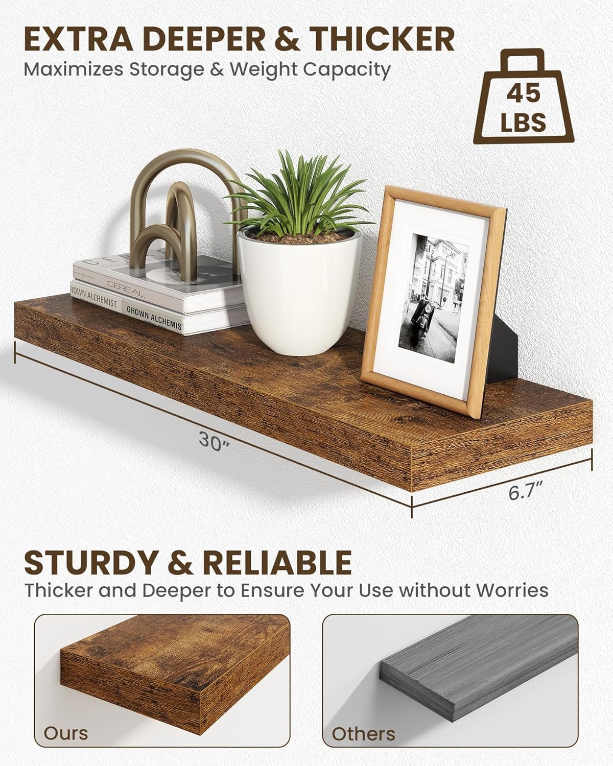 Marsmiles 30" Floating Shelves for Wall, Wooden Shelves with Invisible Brackets Set of 2, Rustic Farmhouse Wall Mounted Shelf for Kitchen Bathroom Living Room Study, Rustic Brown - Image 5