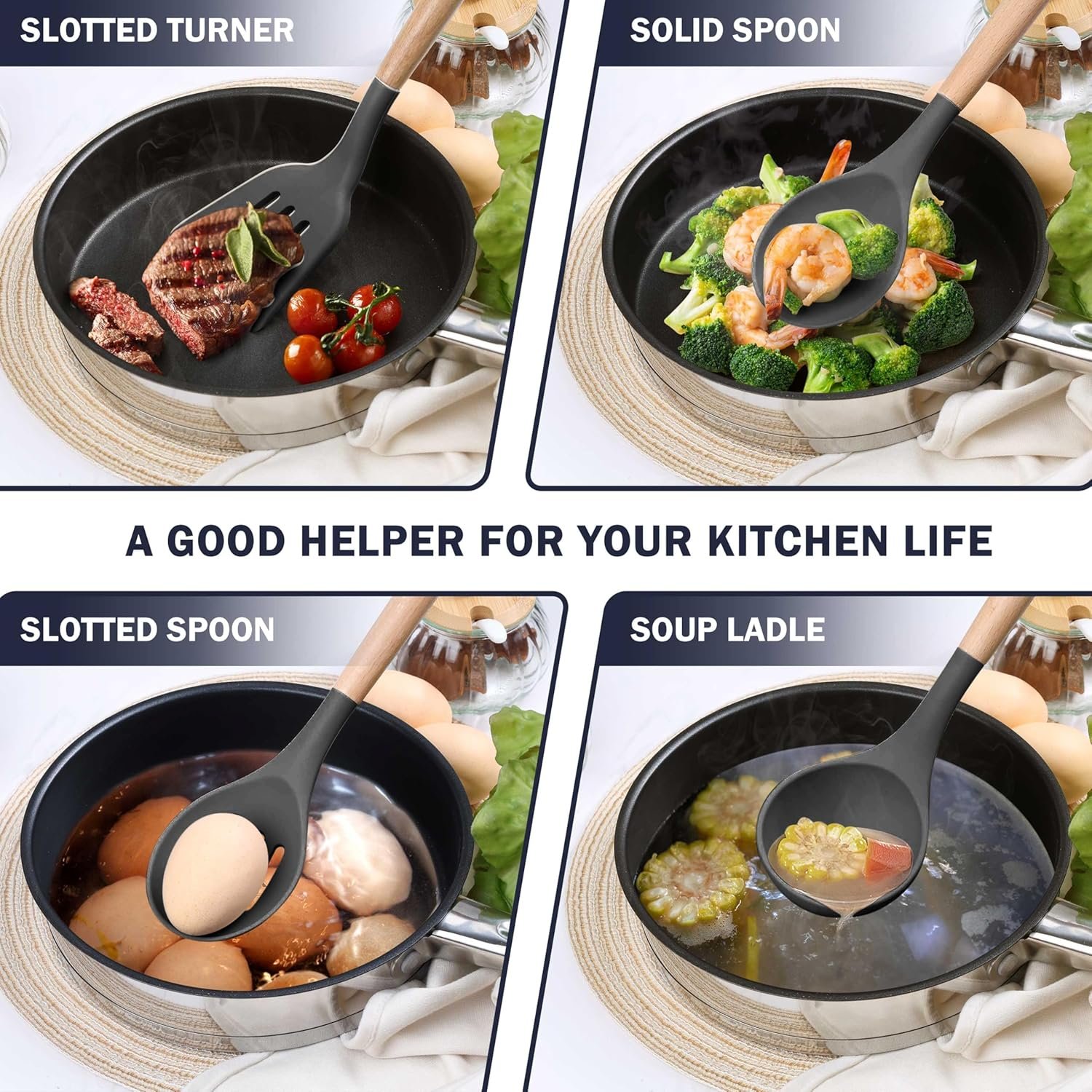 Herogo 8 Pcs Heat-Resistant Silicone Kitchen Utensils Set, Non-Stick Food-Grade Cooking Utensils with Wooden Handle, Includes Spatula Spoon Turner Server Whisk Ladle for Baking, Cooking (Dark Gray) - Image 4