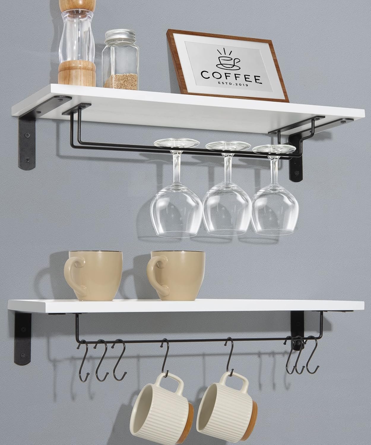 Afuly Coffee Bar Shelf, 20 Inch Wall Mounted Shelves for Mugs & Glasses, Floating Shelves with 8 Hooks, Coffee Cup Wall Holder, Set of 2 - Image 2