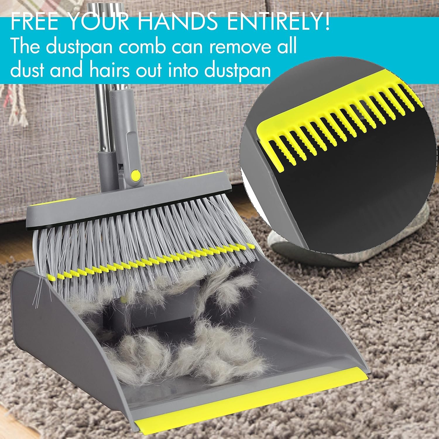 PHYEX 2-Pack Broom and Dustpan Combo Set, 48" Long Adjustable Handle Stand Up Dustpan with Self-Cleaning Teeth, Ideal for Home, Office, Kitchen, Indoor & Outdoor Use, Grey - Image 7