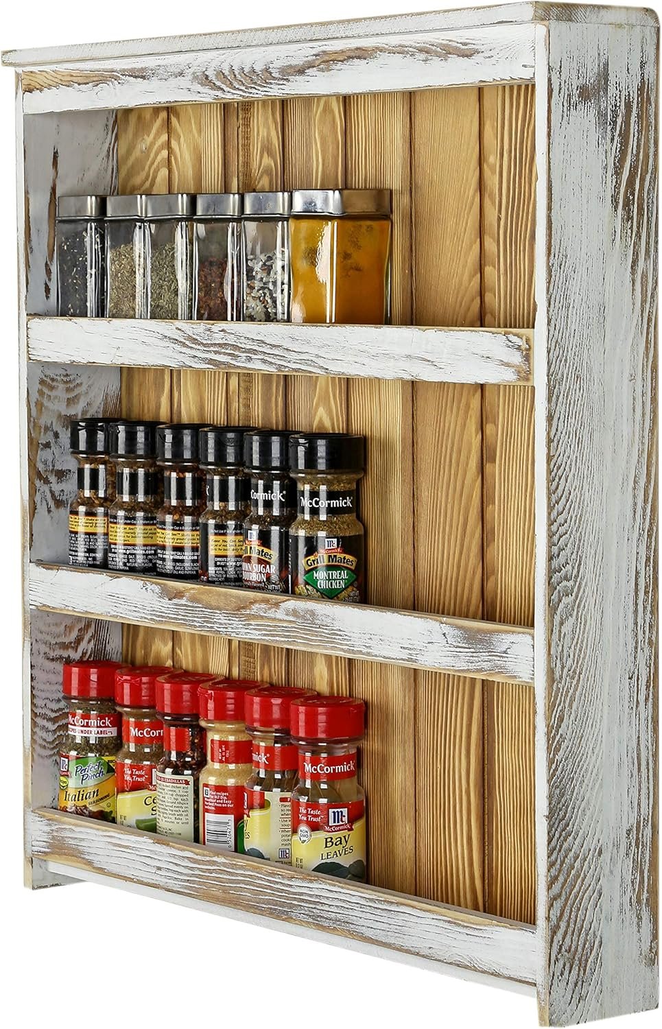 MyGift 3 Tier Wall Mounted Spice Rack, Shabby White Washed and Rustic Natural Burnt Solid Wood Kitchen Pantry Storage Shelf for Seasoning Jars or Condiment Bottles - Image 8
