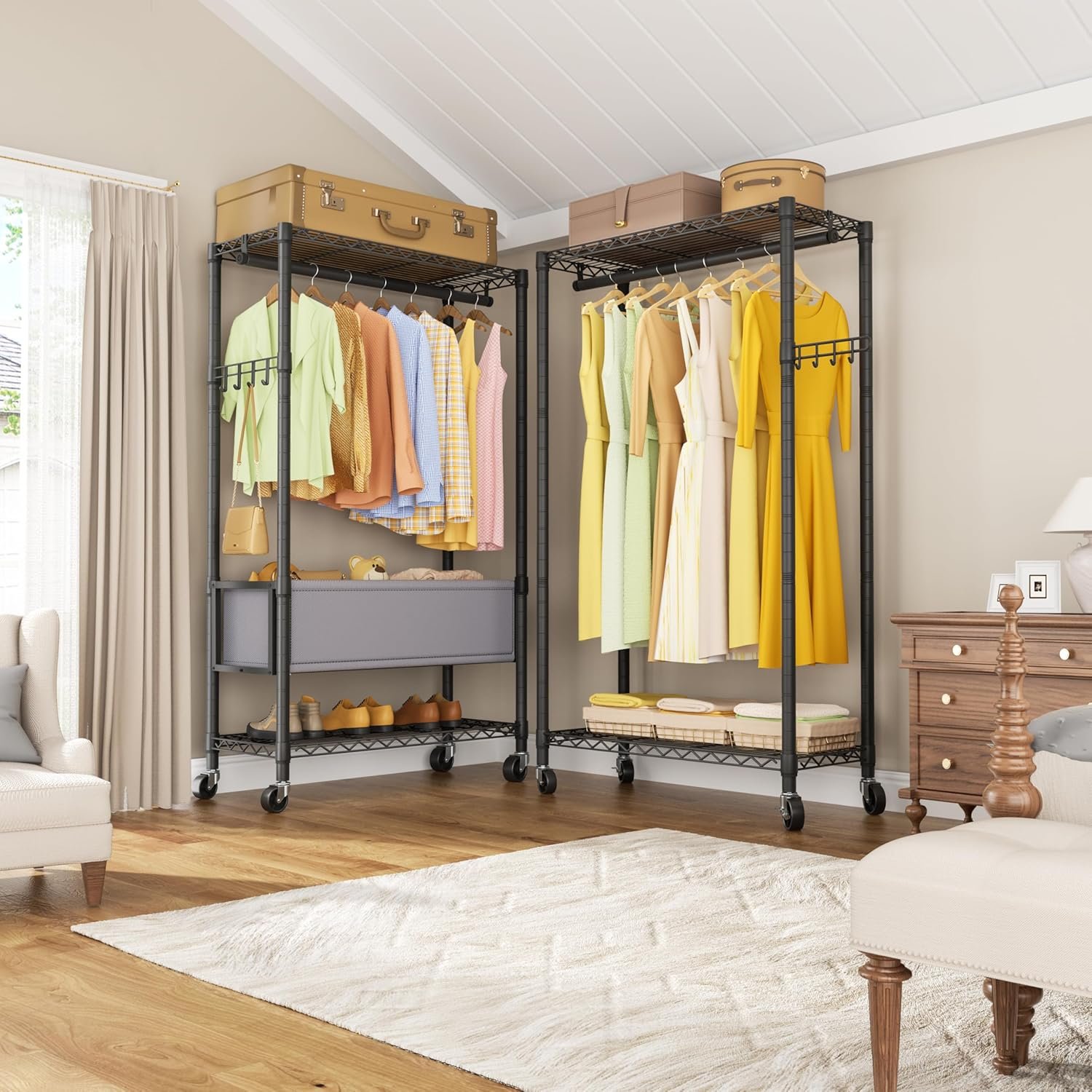 Clothes Rack,Heavy Duty Garment Rack 3 Tier Adjustable With Removable Clothe Basket,Wheels Free Standing Rolling Wire Shelving Clothing Racks for Hanging Clothes Metal Portable Closet - Image 5