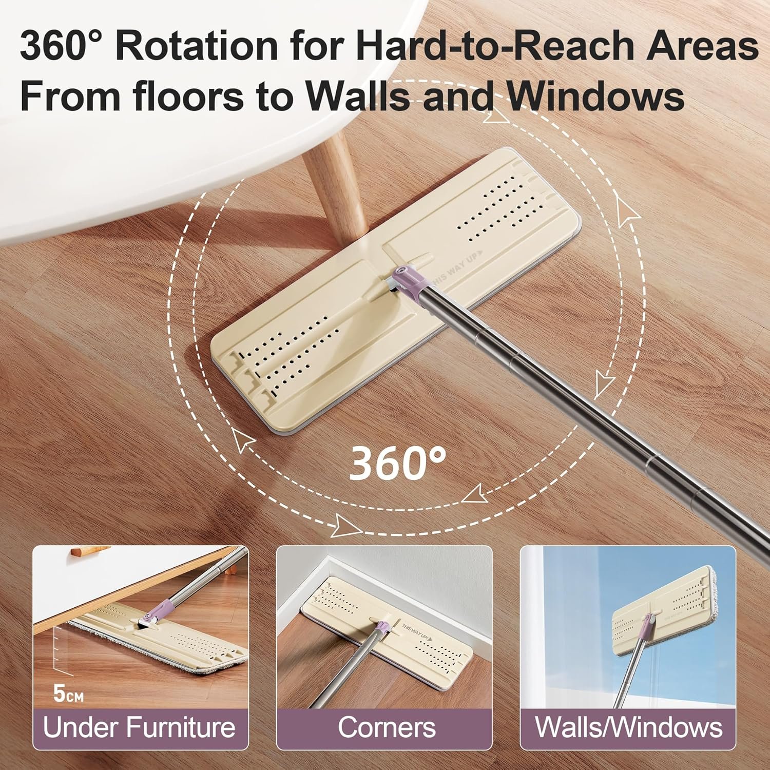 JOYMOOP Mop and Bucket Set (Beige & Blush Brown) with Extension Handle, Ideal for Floor, Window, and Wall Cleaning - Includes 5 Washable Microfiber Pads for Wet and Dry Use - Image 7