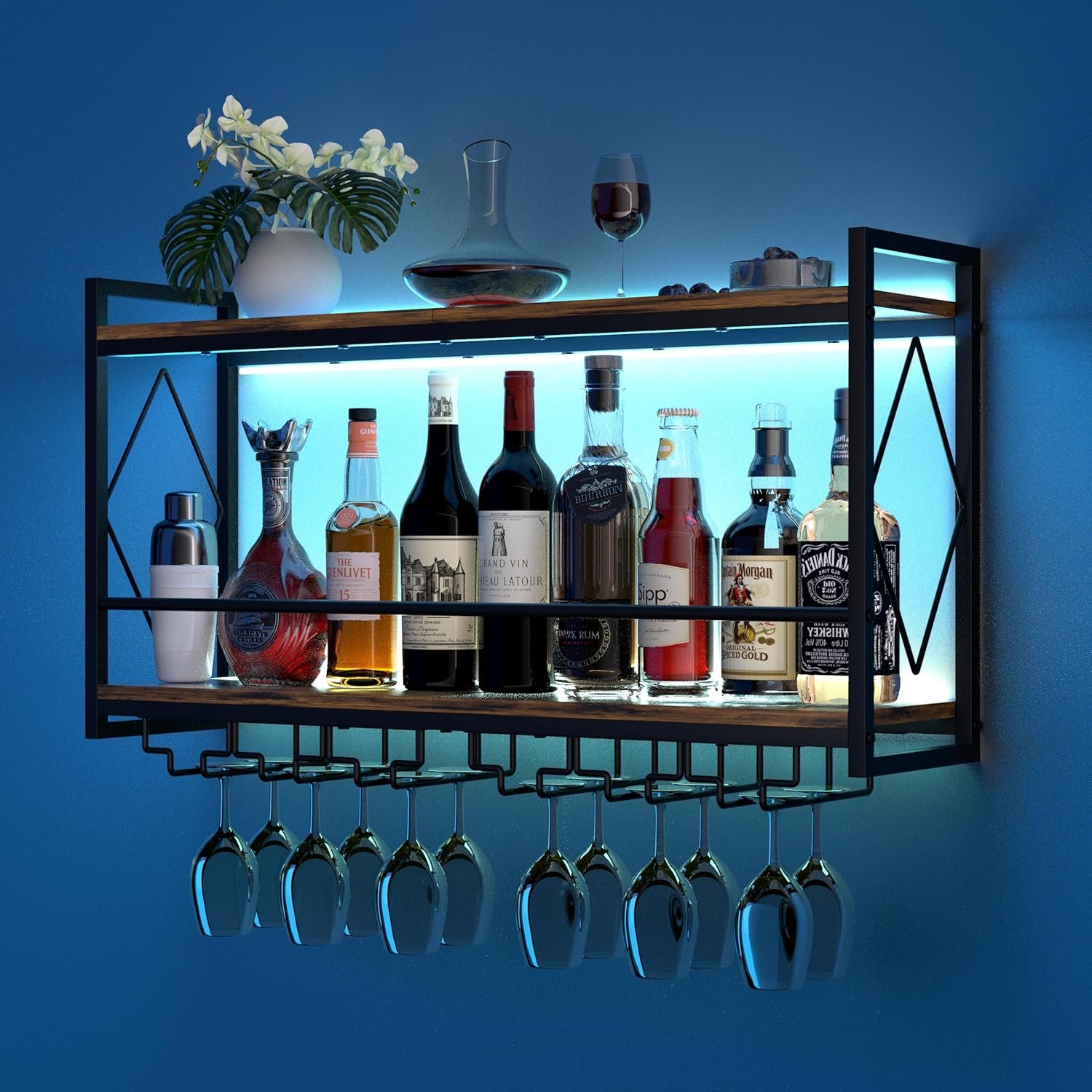 Nidouillet Wall Mounted Wine Rack with LED Light, 31.5" Bar Liquor Shelves with Glass Holder, Metal Hanging Bar Shelves Wine Storage Rack Display for Kitchen Home Bar Dining Room Living Room - Image 4