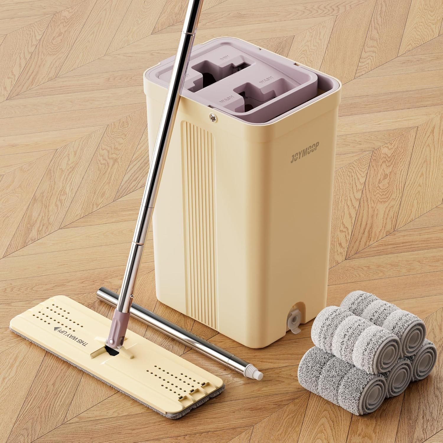 JOYMOOP Mop and Bucket Set (Beige & Blush Brown) with Extension Handle, Ideal for Floor, Window, and Wall Cleaning - Includes 5 Washable Microfiber Pads for Wet and Dry Use - Image 2