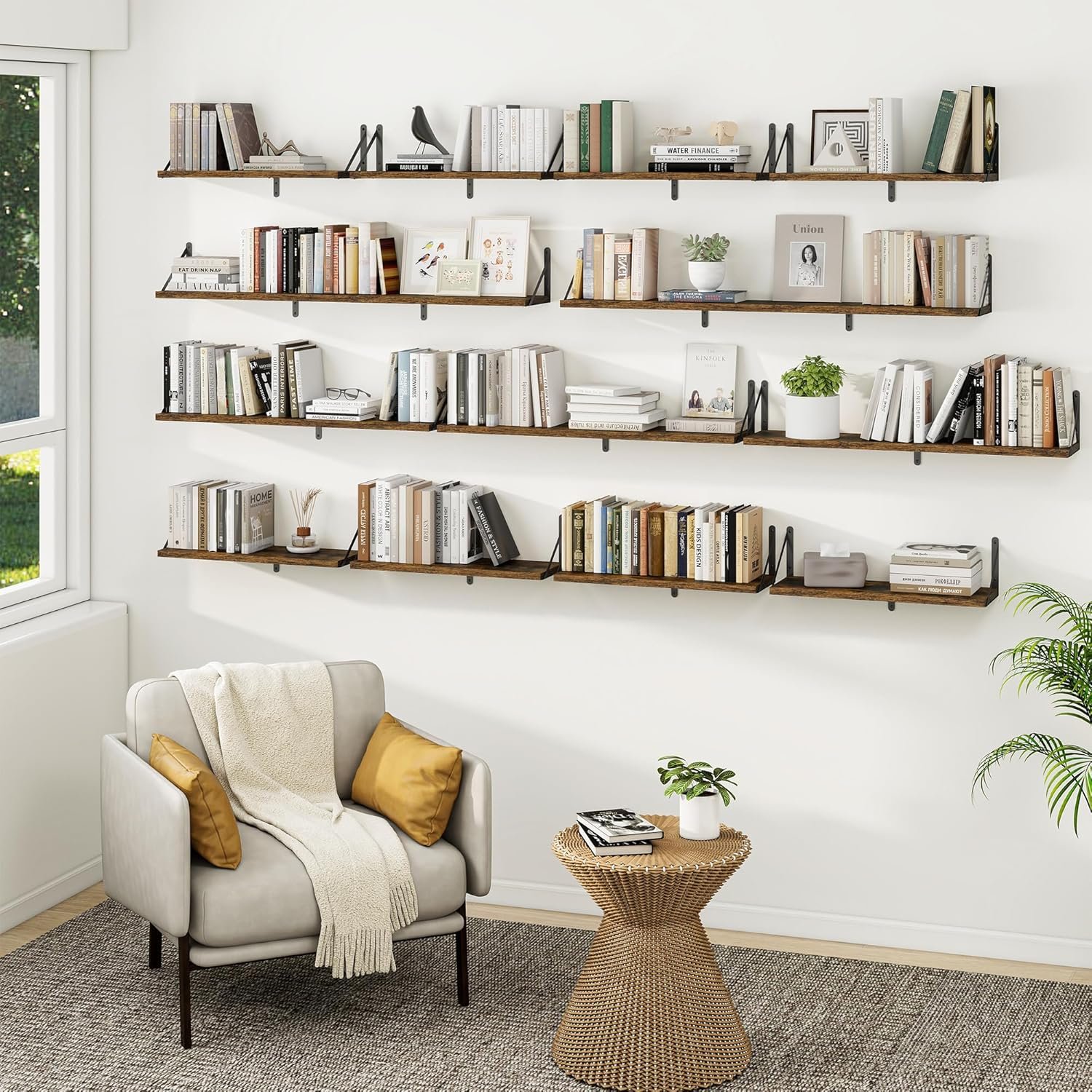 Heimlove Floating Book Shelves for Wall,35.4 Inches Long Wall Mounted Bookshelves,Heavy Duty Bracket Shelves for Living Room Kitchen,Laundry Room Storage & Decor,Set of 3,Rustic Brown - Image 3