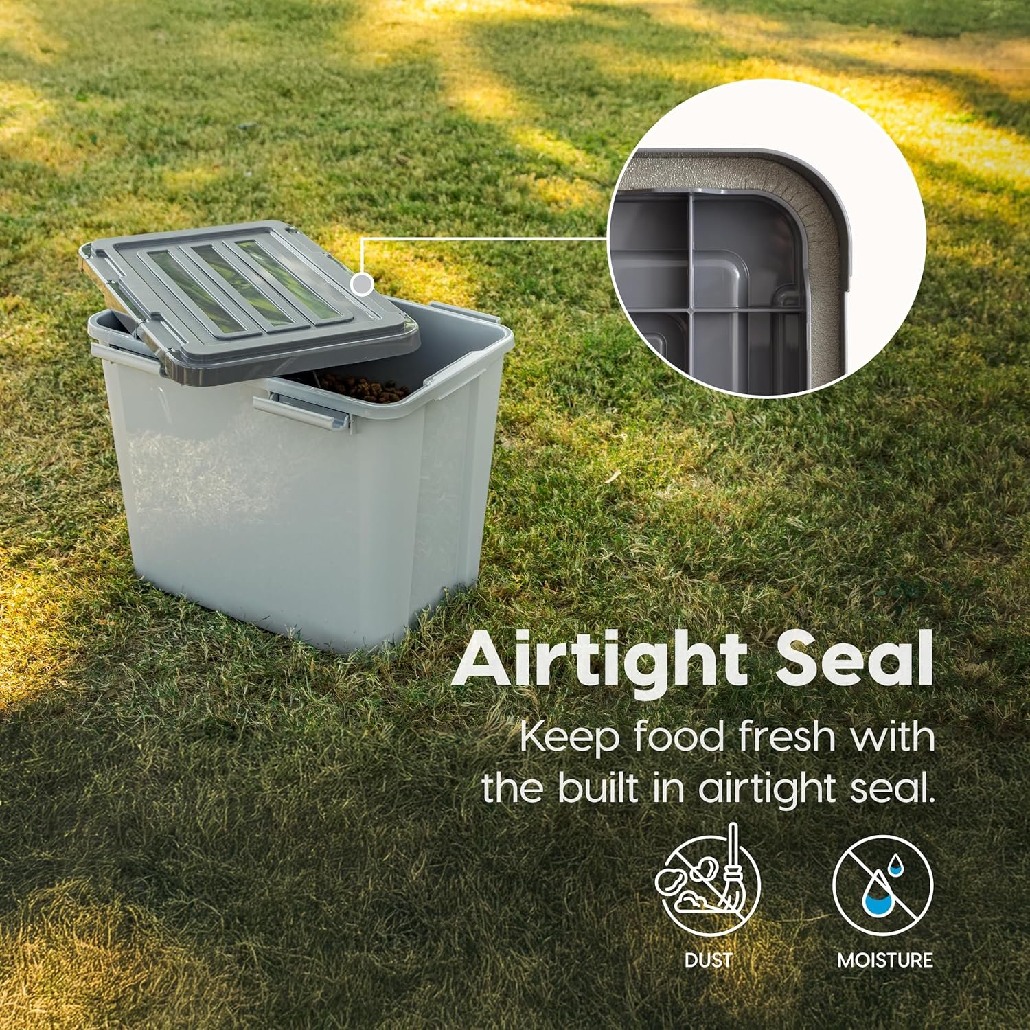 IRIS USA Stackable Dog Food Storage Container with 2 Cup Scoop, 4 Secure Latches, Fits up to 30 lbs, Pet Dry Food Bin, Gasket Seal Lid, BPA Free, Stackable, Easy Measure, Gray/Dark Gray - Image 10