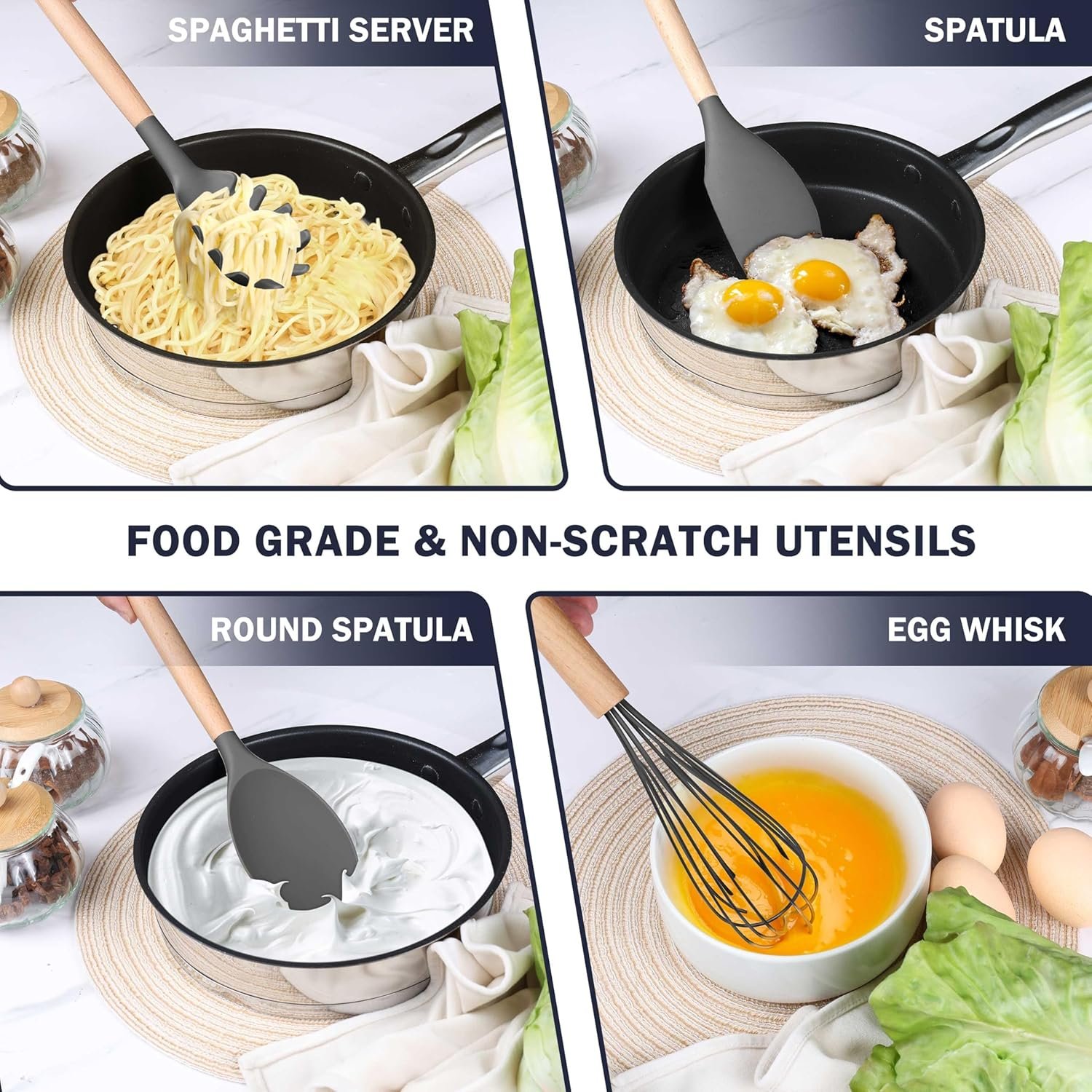 Herogo 8 Pcs Heat-Resistant Silicone Kitchen Utensils Set, Non-Stick Food-Grade Cooking Utensils with Wooden Handle, Includes Spatula Spoon Turner Server Whisk Ladle for Baking, Cooking (Dark Gray) - Image 5