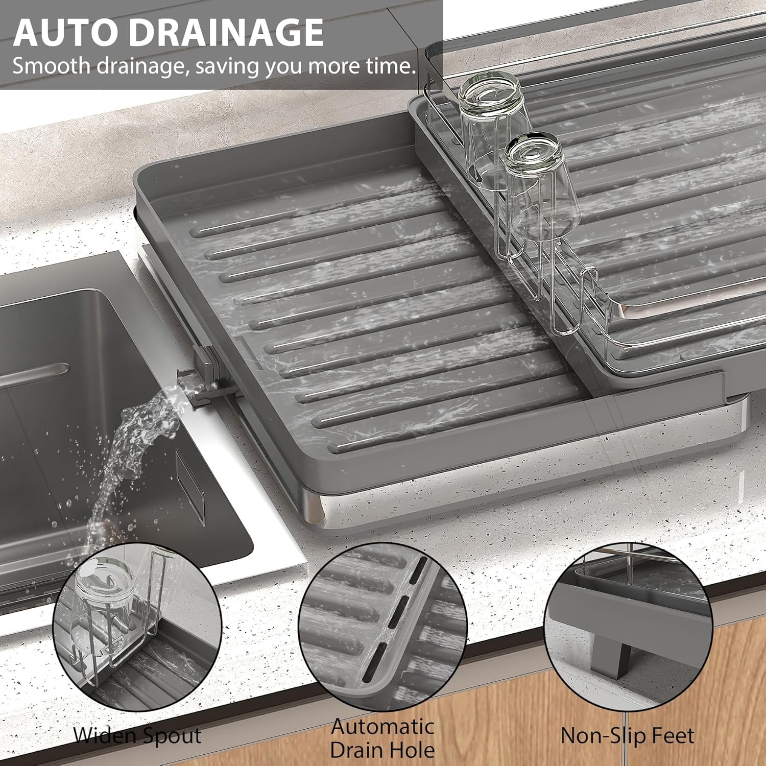 SUSTEAS Dish Drying Rack-Expandable,2 Tier Dish Drying Rack for Kitchen Counter,Large Space-Saving Drying Rack Kitchen,Cups,Utensils,Stainless Steel Dish Drainers for Kitchen Counte,Grey - Image 9