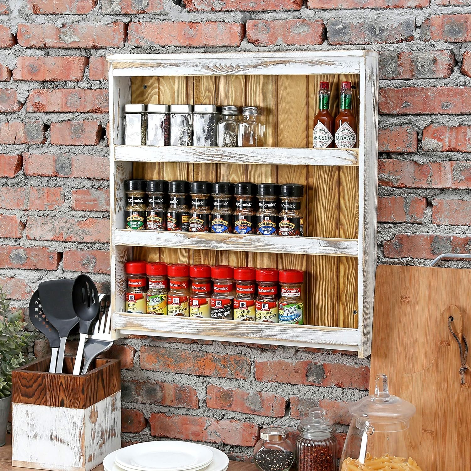 MyGift 3 Tier Wall Mounted Spice Rack, Shabby White Washed and Rustic Natural Burnt Solid Wood Kitchen Pantry Storage Shelf for Seasoning Jars or Condiment Bottles - Image 5